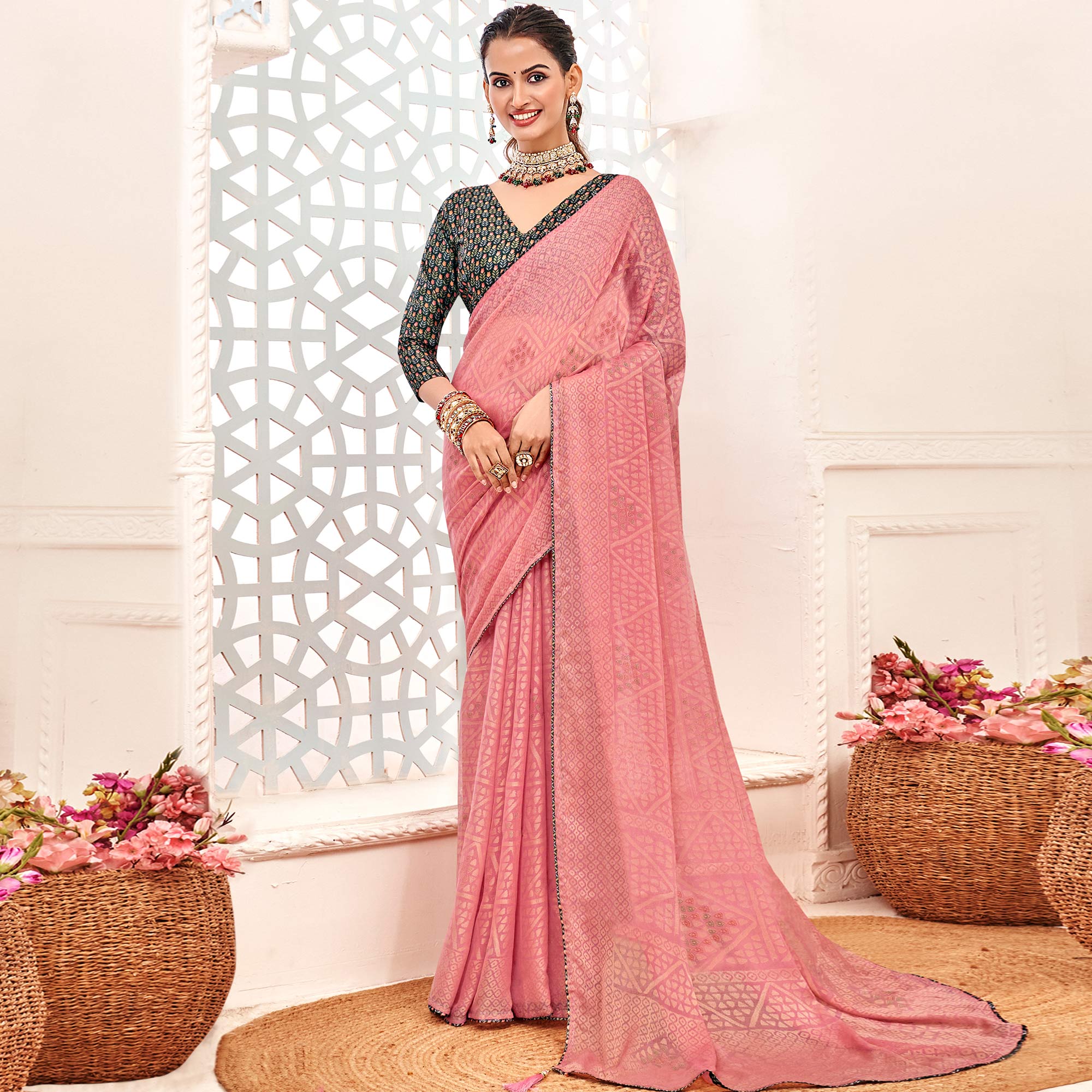 Pink Geometric Printed Chiffon Brasso Saree