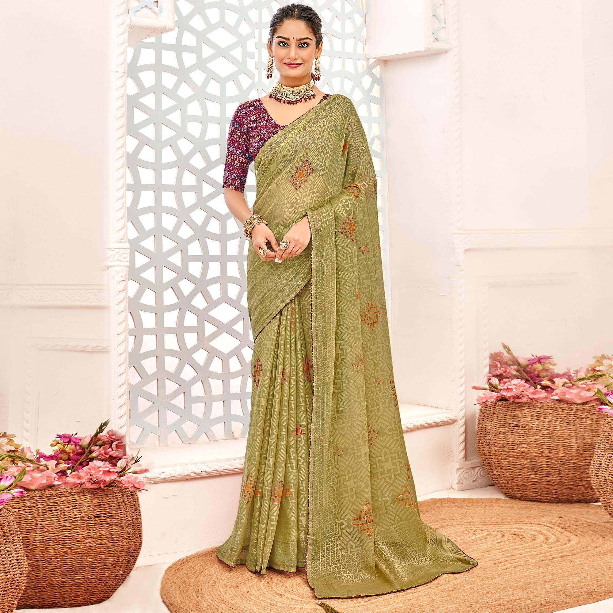 Green Geometric Printed Chiffon Brasso Saree