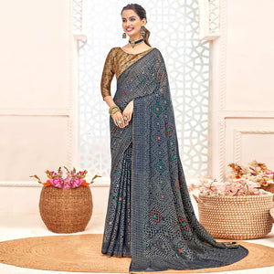 Blue Geometric Printed Chiffon Brasso Saree