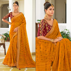 Mustard Bandhani Printed Chiffon Saree With Tassels