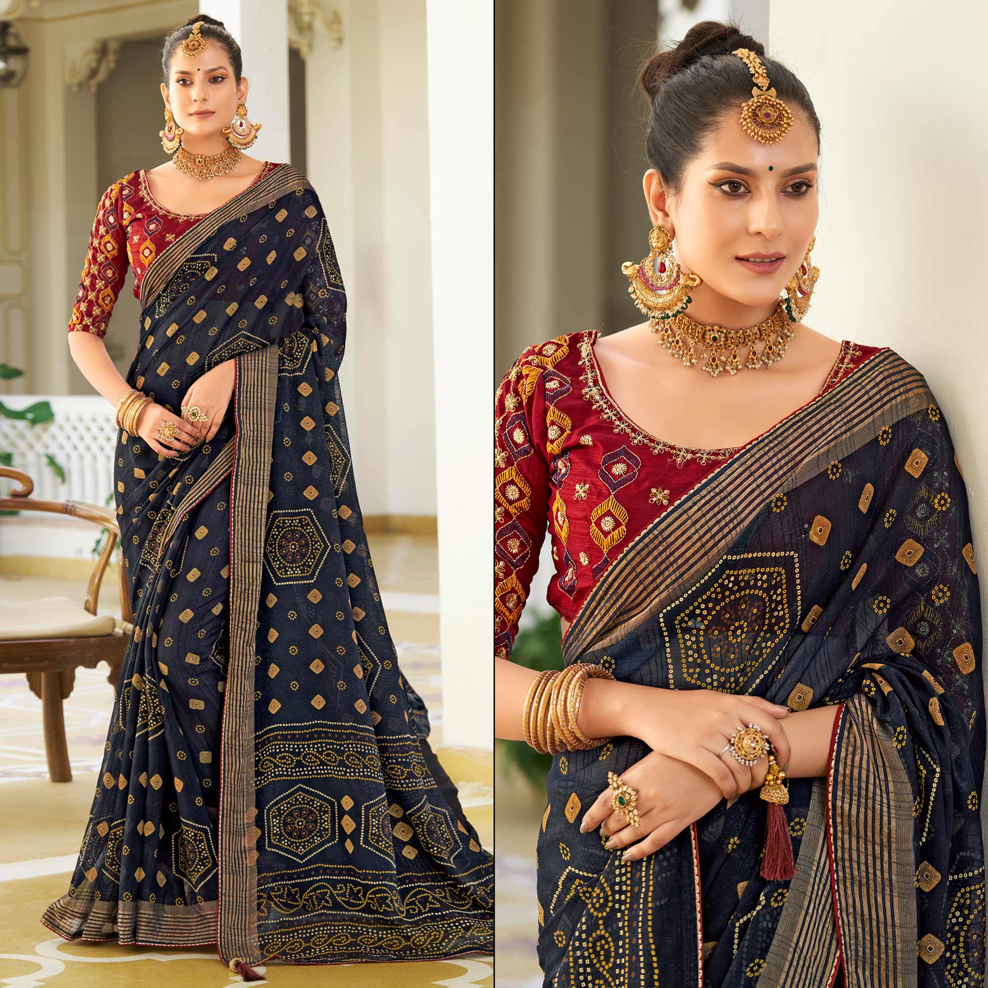 Blue Bandhani Printed Chiffon Saree With Tassels