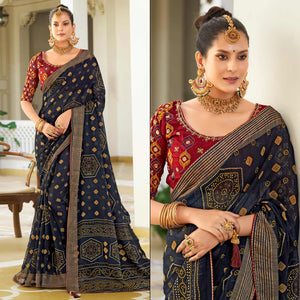 Blue Bandhani Printed Chiffon Saree With Tassels