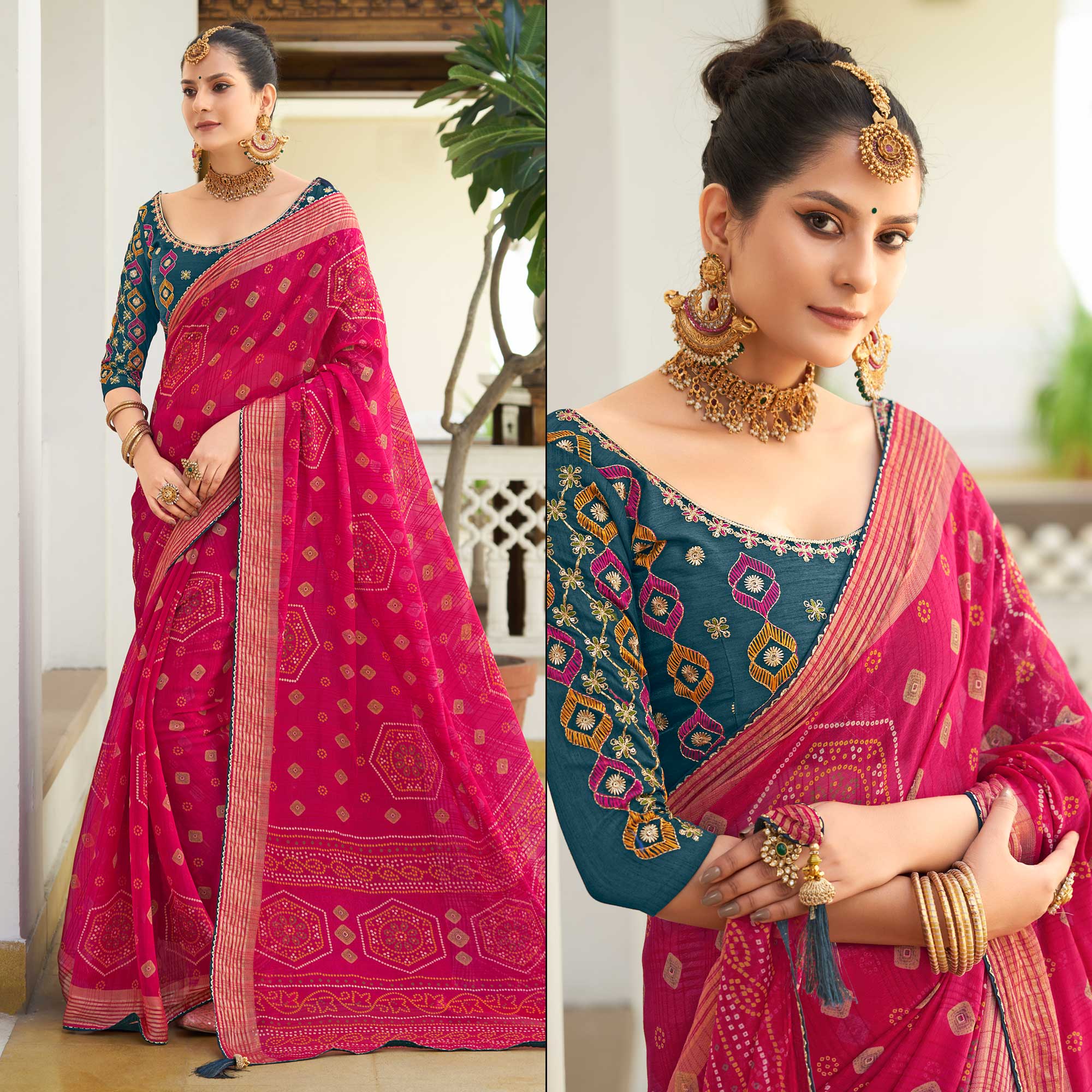 Pink Bandhani Printed Chiffon Saree With Tassels