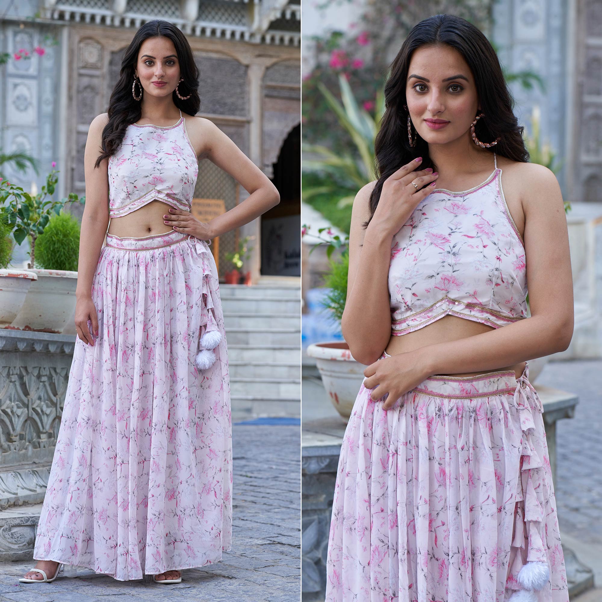 Pink & White Floral Printed Georgette Crop Top Lehenga
