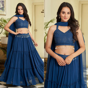 Blue Embroidered Georgette Lehenga Choli
