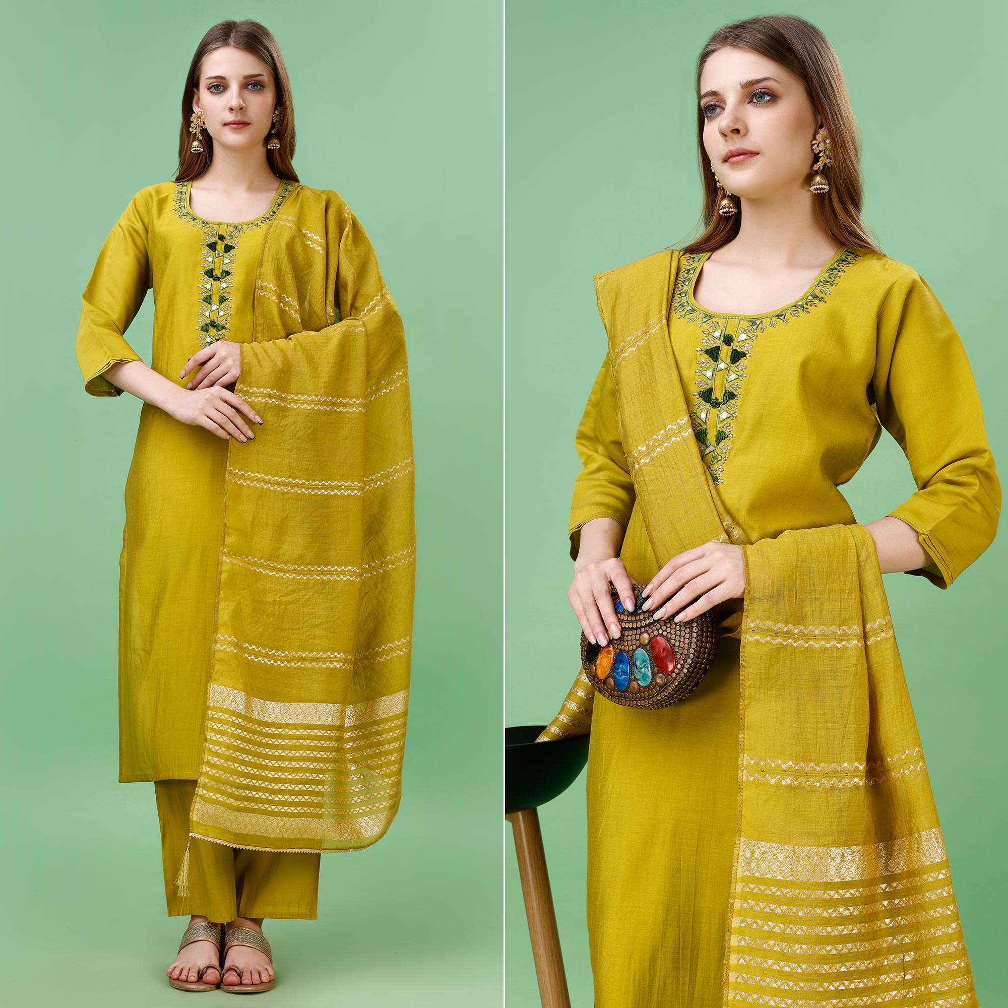 Mehendi Green Mirror Embroidered Viscose Salwar Suit