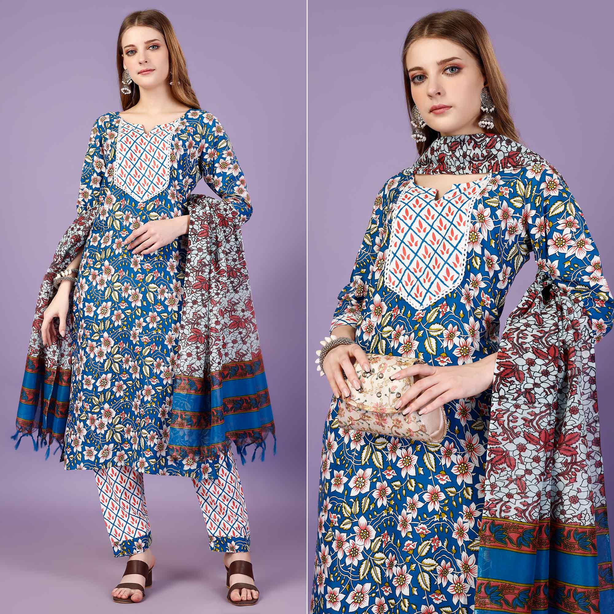 Blue Floral Printed Viscose Salwar Suit