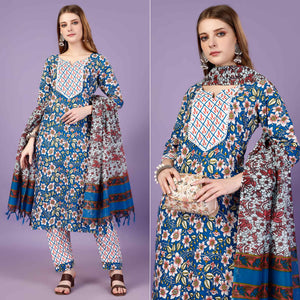 Blue Floral Printed Viscose Salwar Suit