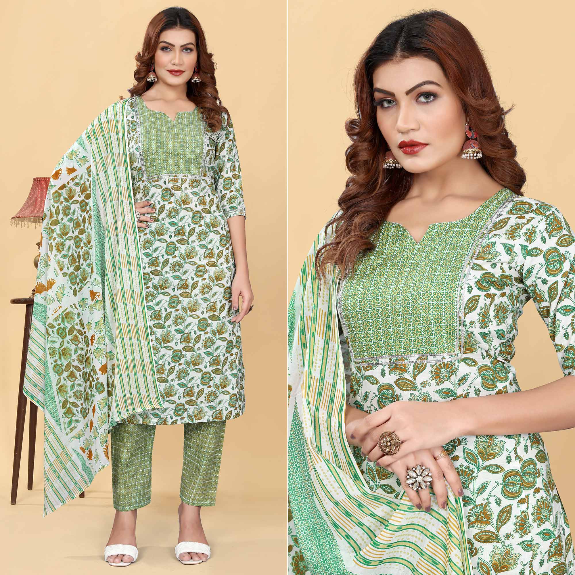 Light Green Floral Printed Cotton Blend Salwar Suit