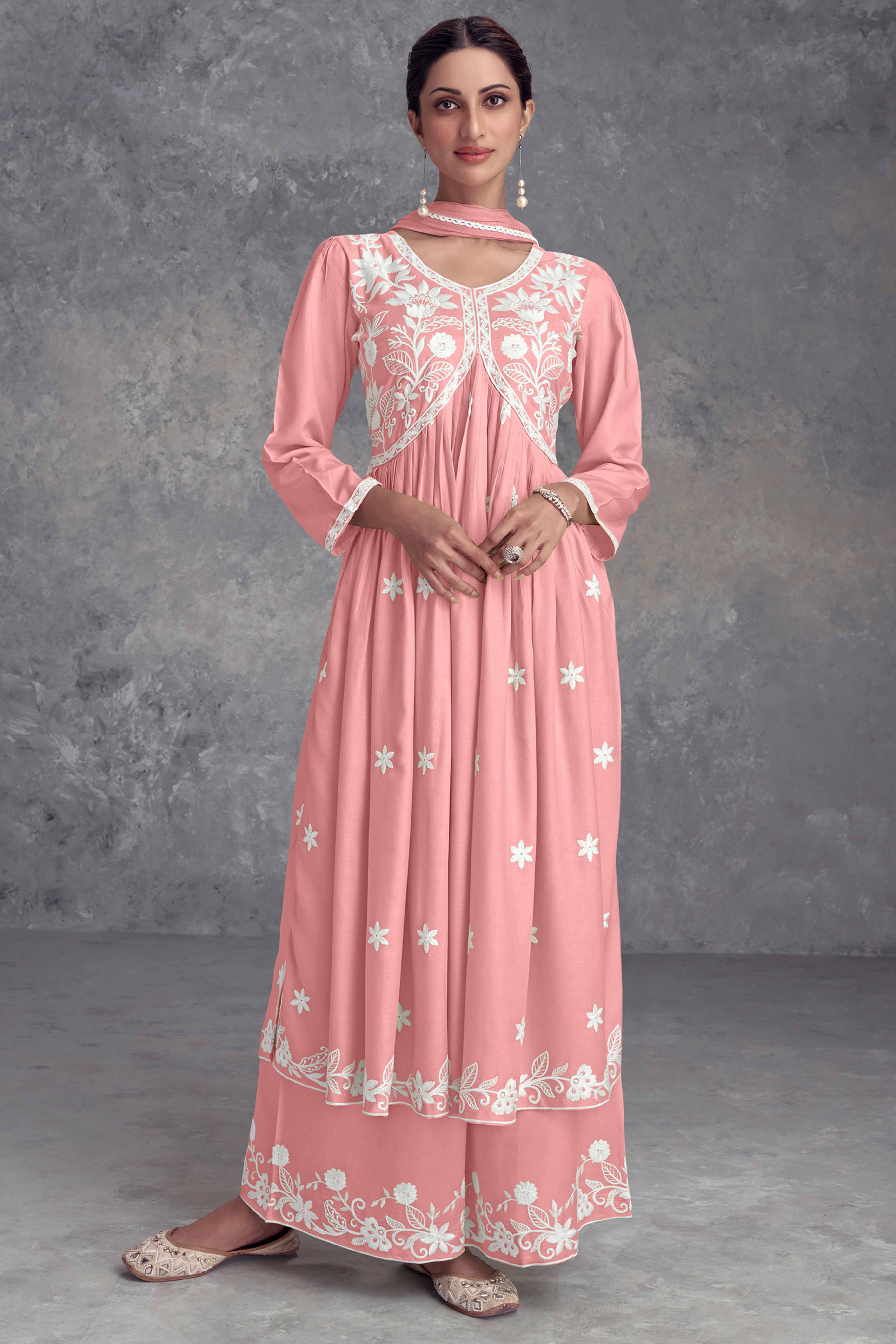 Peach Rayon Salwar Suit Featuring Beautiful Floral Embroidery