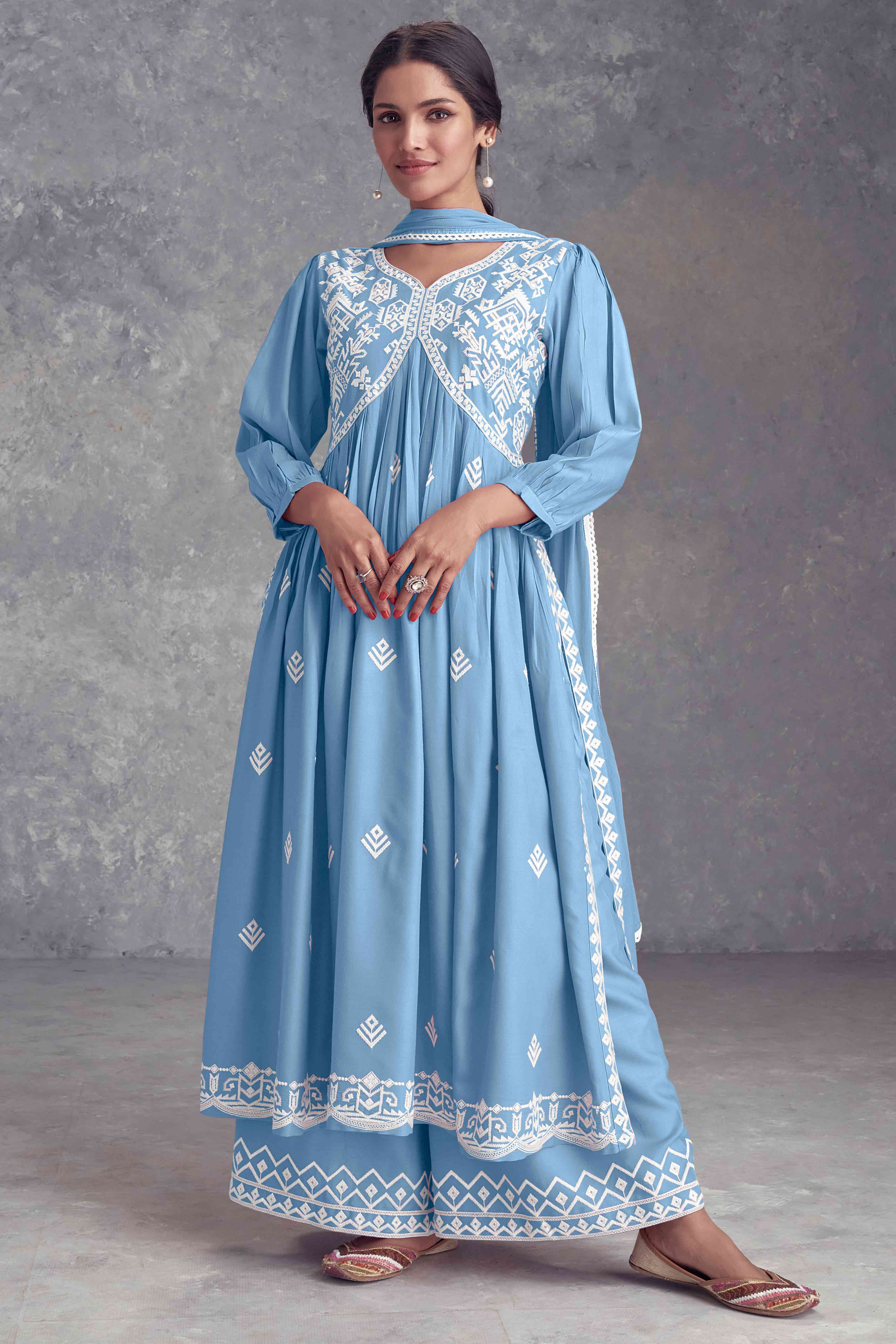 Blue Floral Embroidered Rayon Salwar Suit