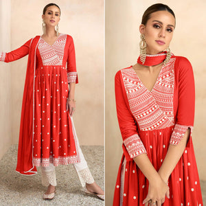 Red Lucknowi Work Rayon Naira Cut Suit