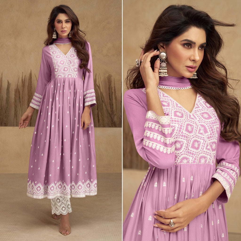 Pink Lucknowi Embroidered Rayon Naira Cut Suit - Image 1