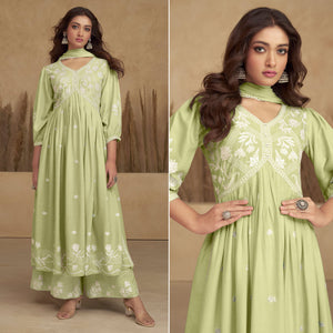 Green Lucknowi Embroidered Rayon Alia Cut Suit