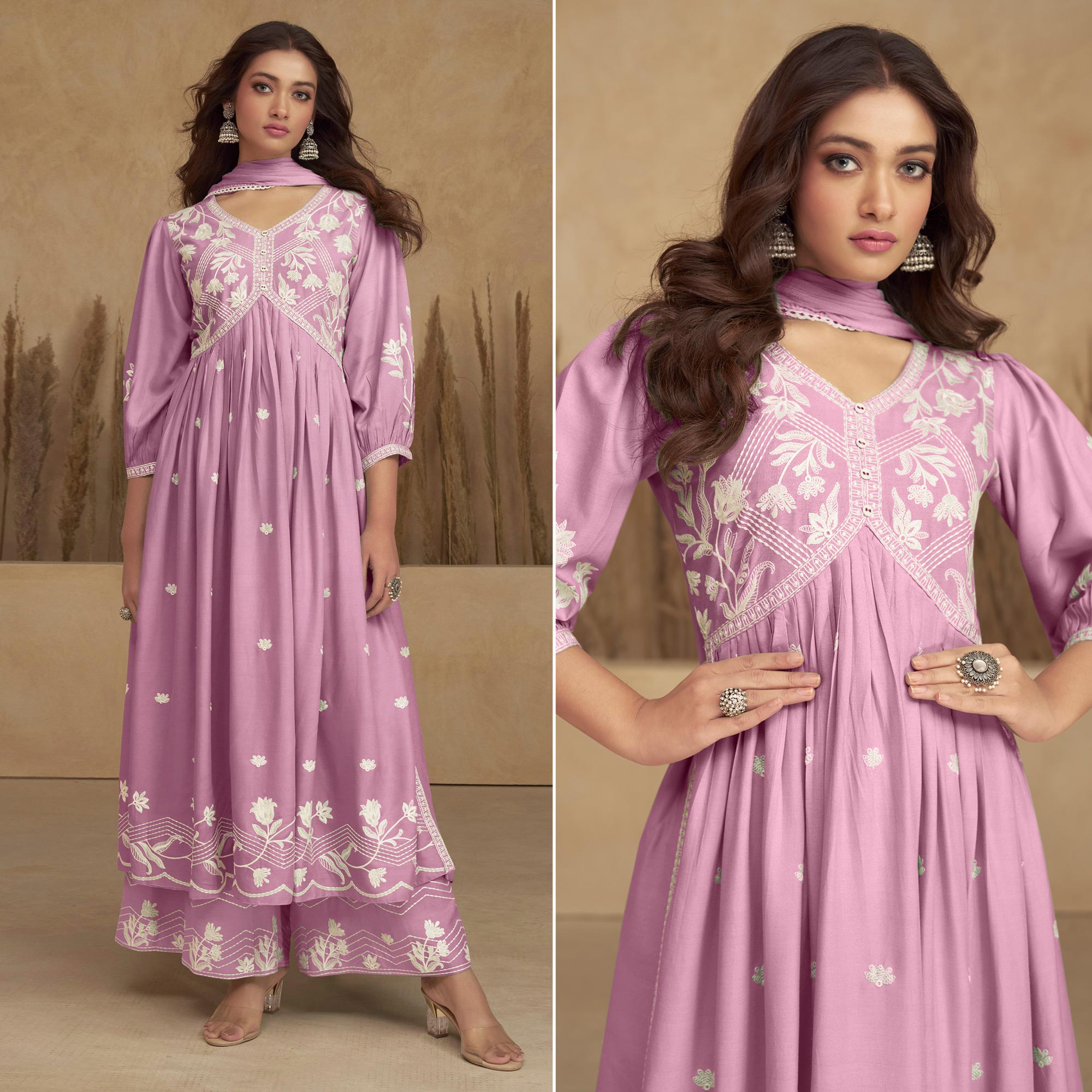 Pink Lucknowi Embroidered Rayon Alia Cut Suit