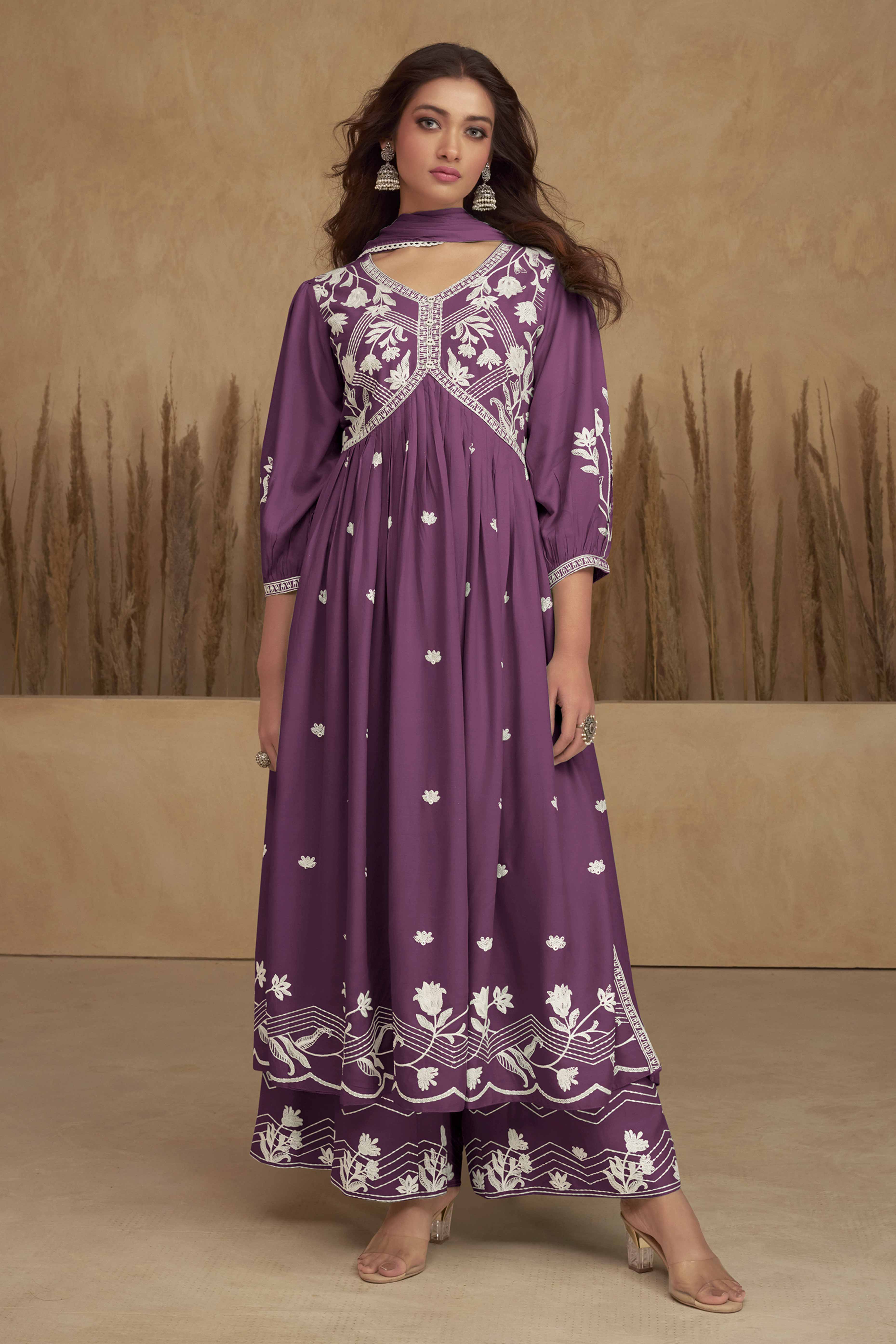 Dark Purple Alia Cut Rayon Suit with Classic Lucknowi Embroidery