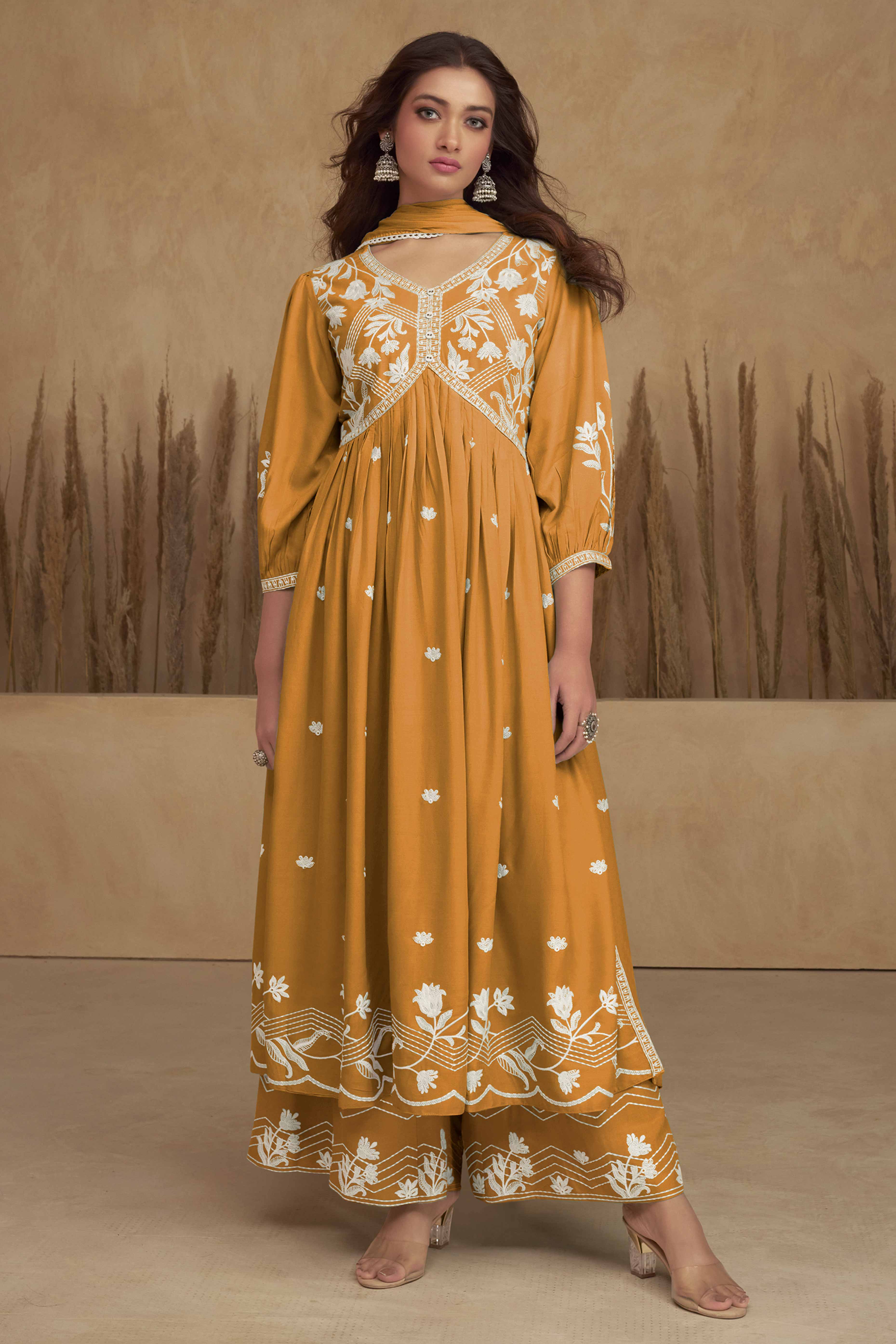 Mustard Alia Cut Rayon Suit with Classic Lucknowi Embroidery