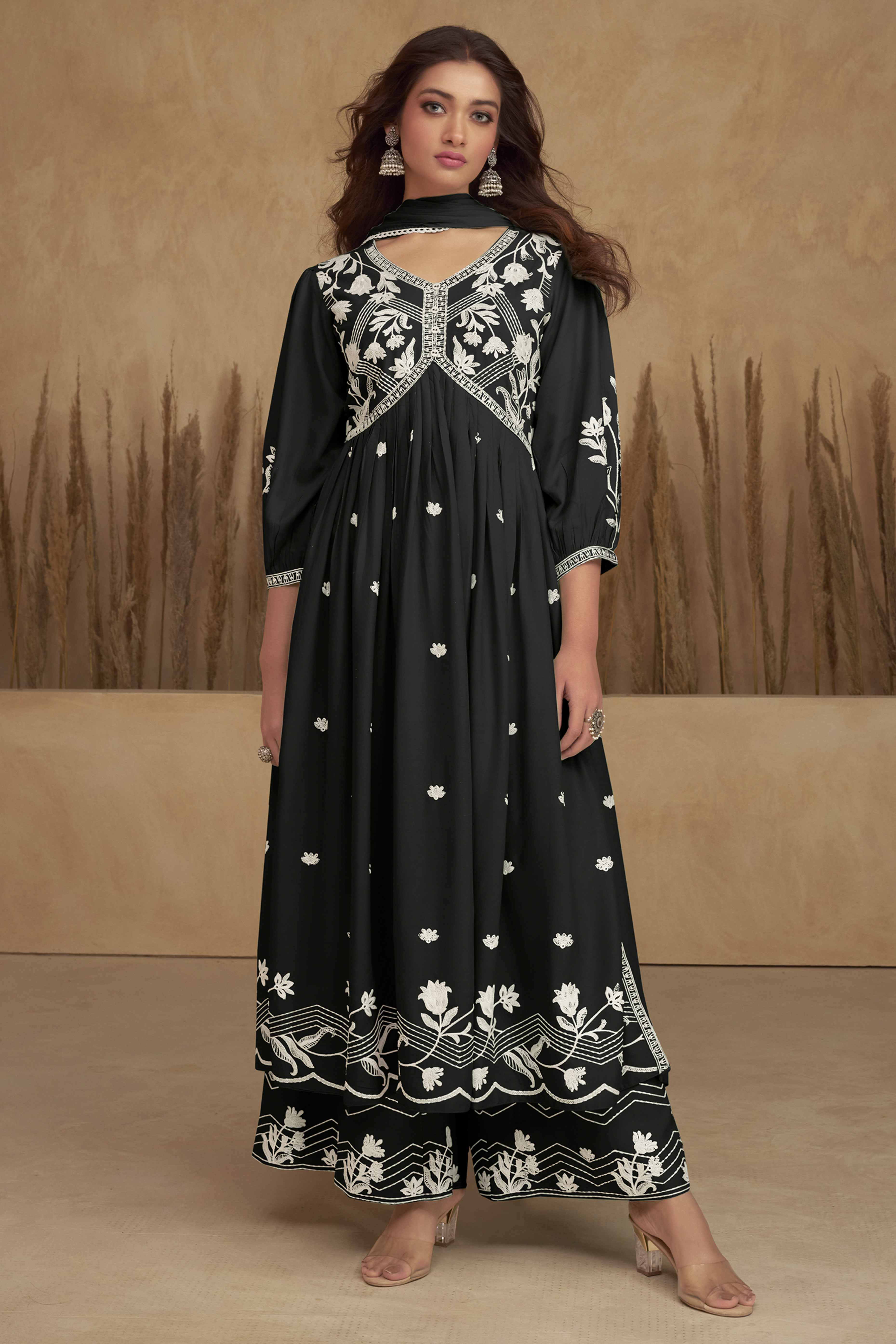 Black Alia Cut Rayon Suit with Classic Lucknowi Embroidery