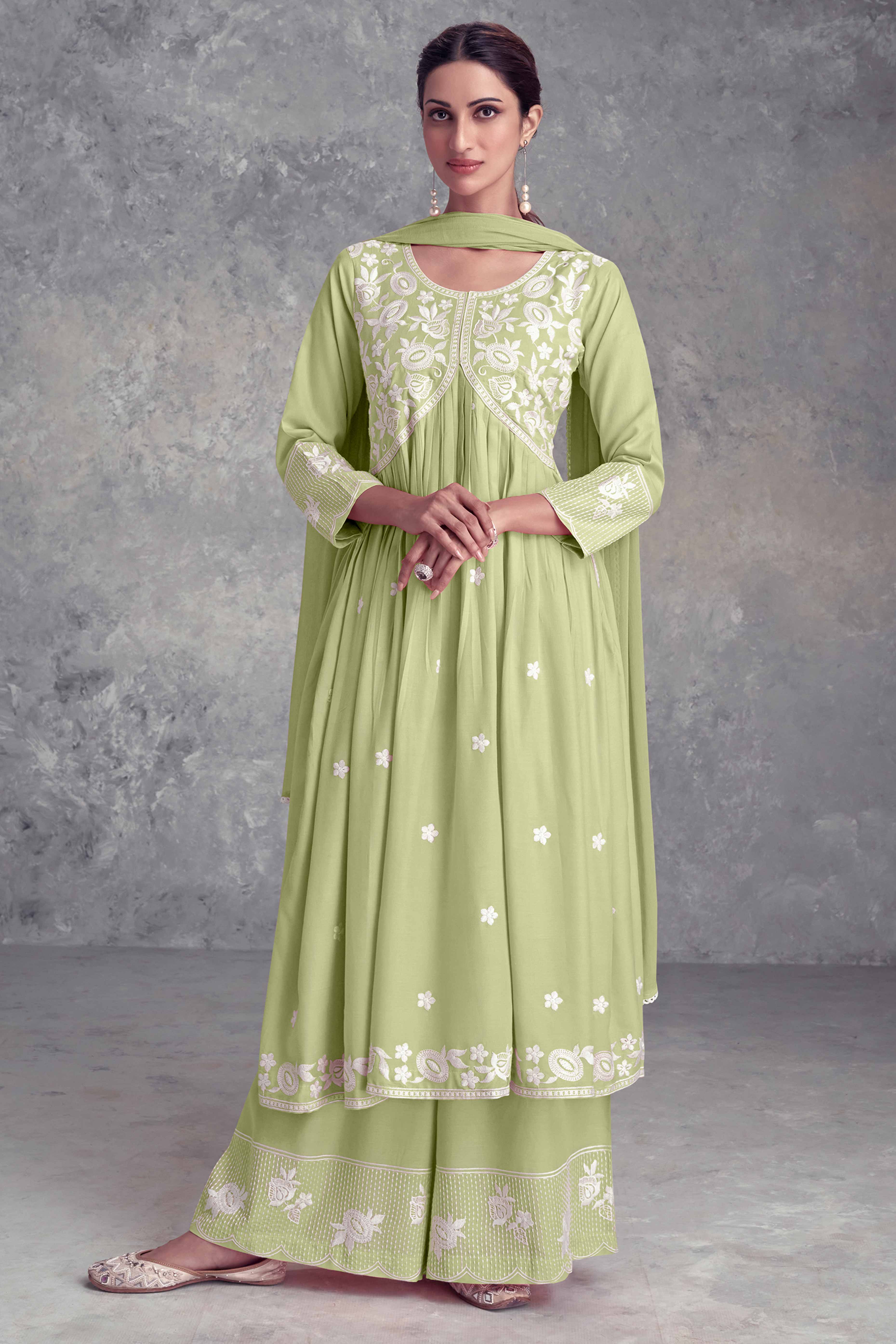 Floral Embroidered Pista Green Rayon A-Line Salwar Suit