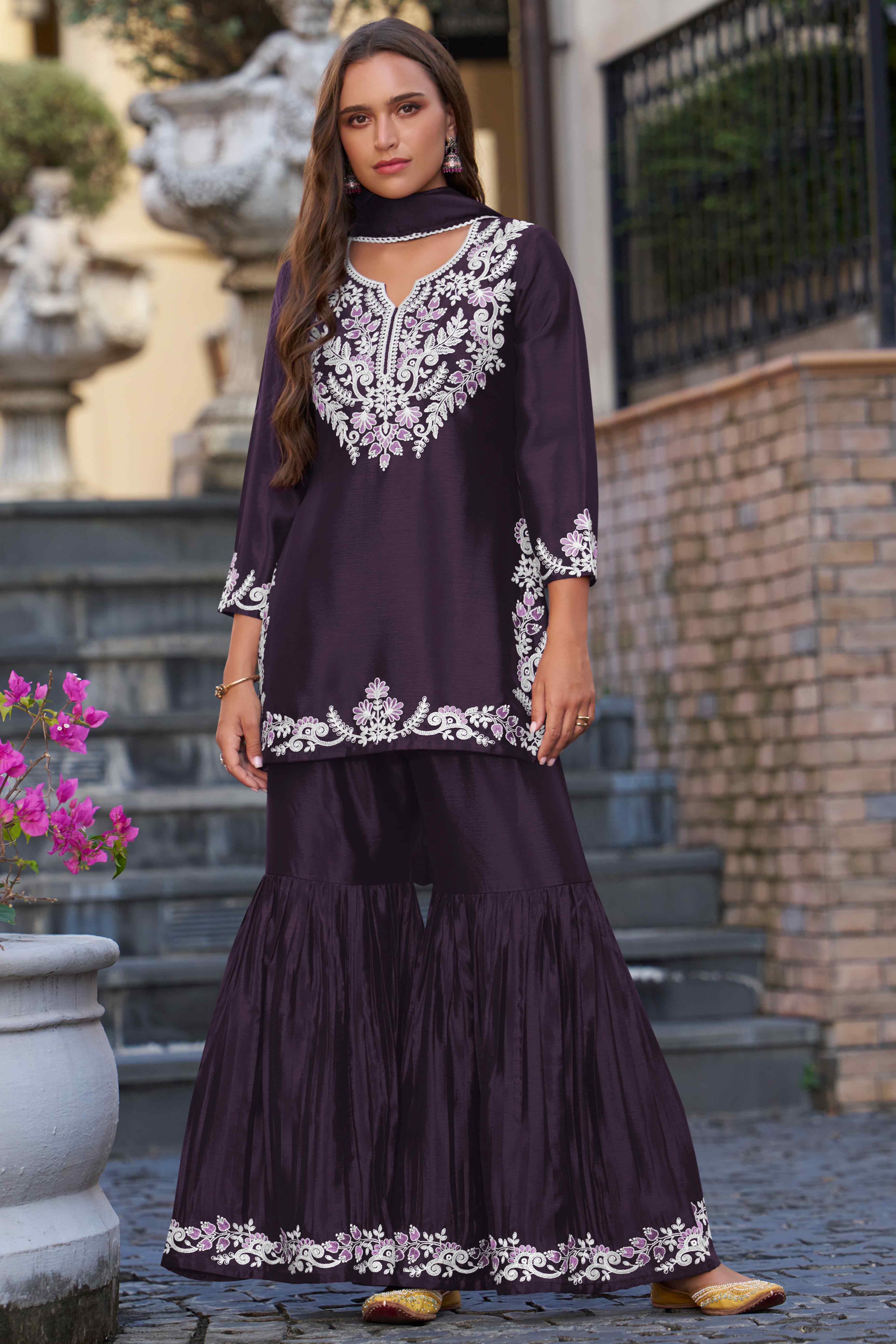 Elegant Dark Purple Chinon Sharara Suit with Intricate Floral Embroidery