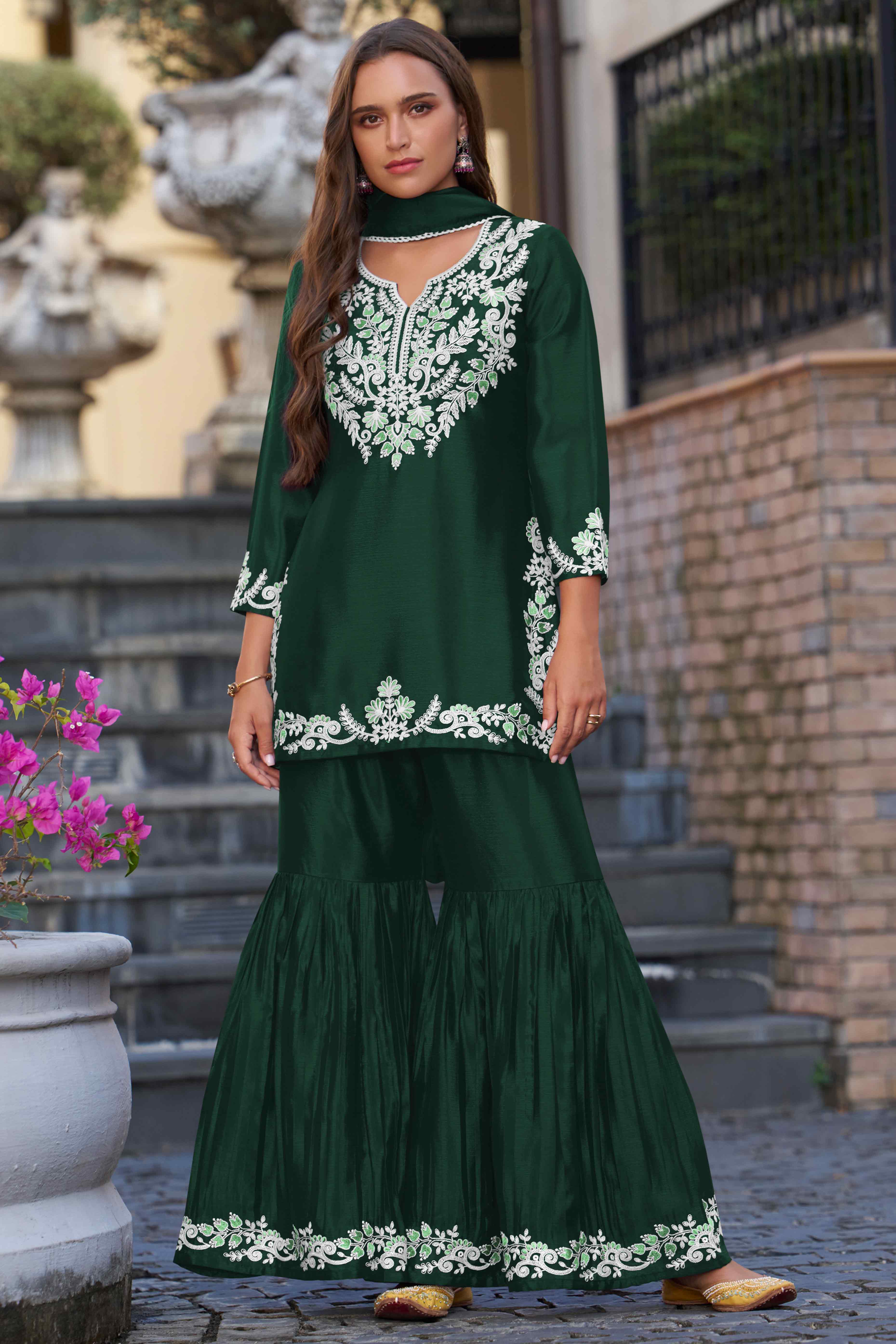 Elegant Dark Green Chinon Sharara Suit with Intricate Floral Embroidery