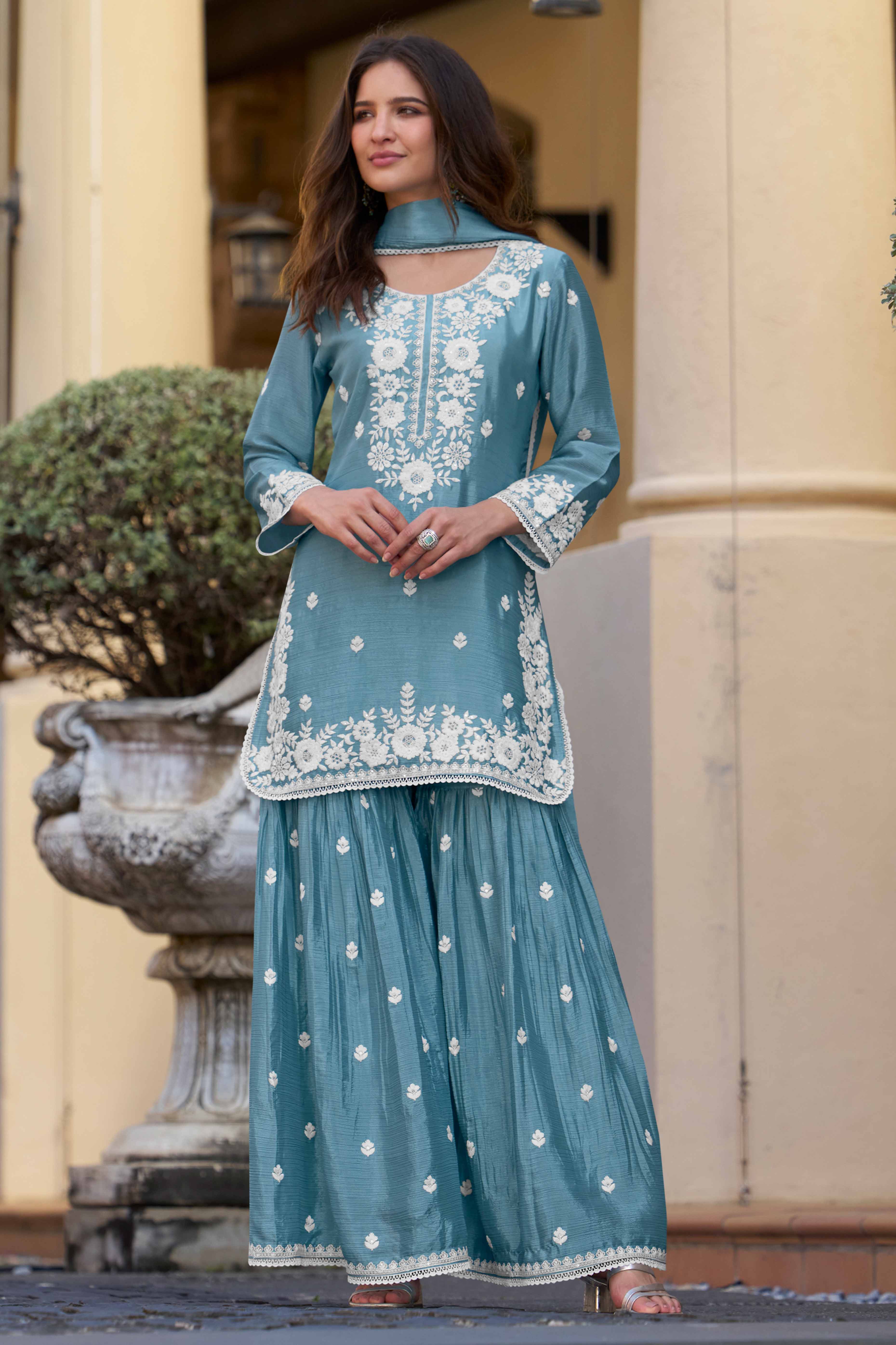 Sky Blue Floral Luxe Embroidered Chinon Sharara Suit