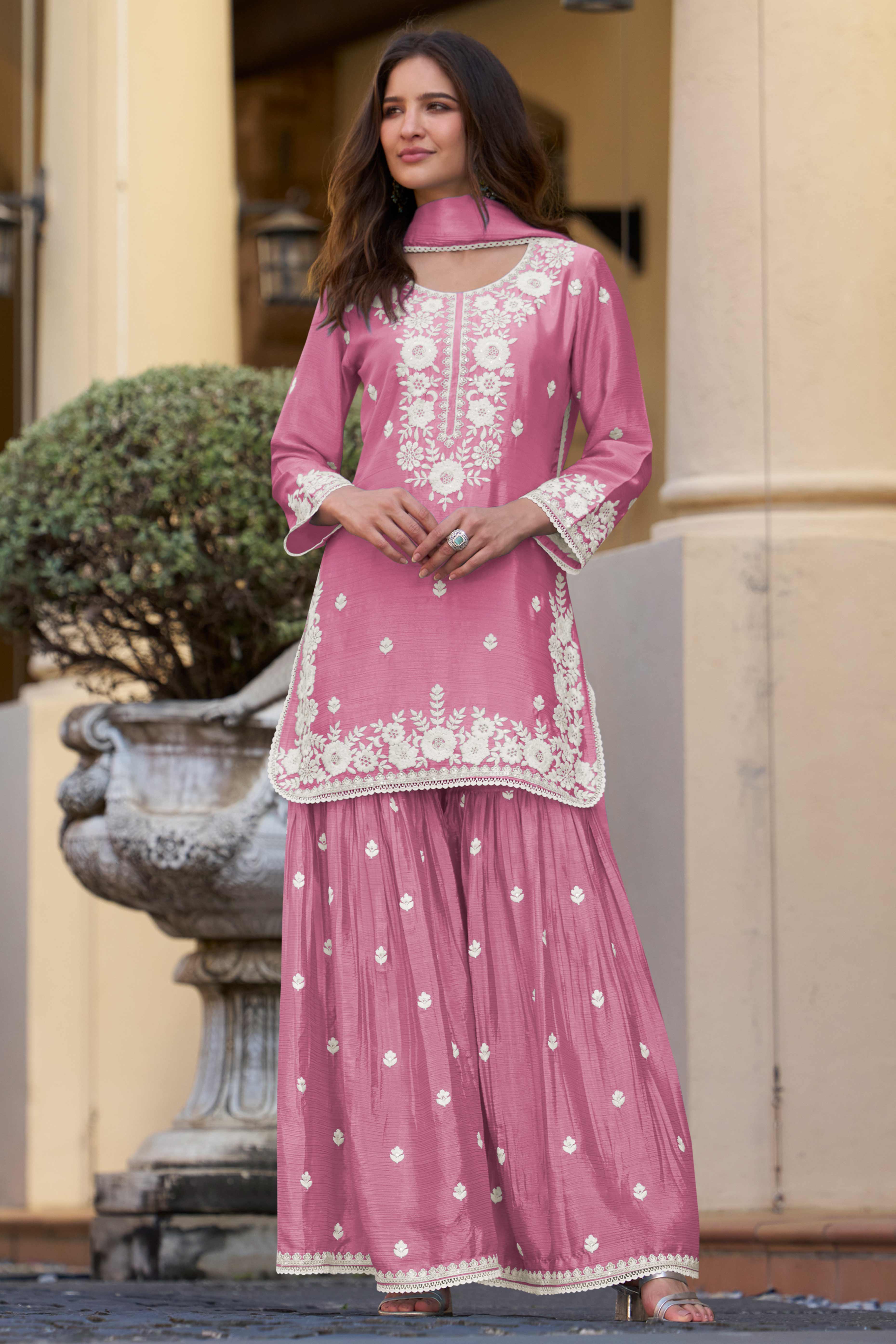 Pink Chinon Sharara Outfit Featuring Heavy Floral Threadwork