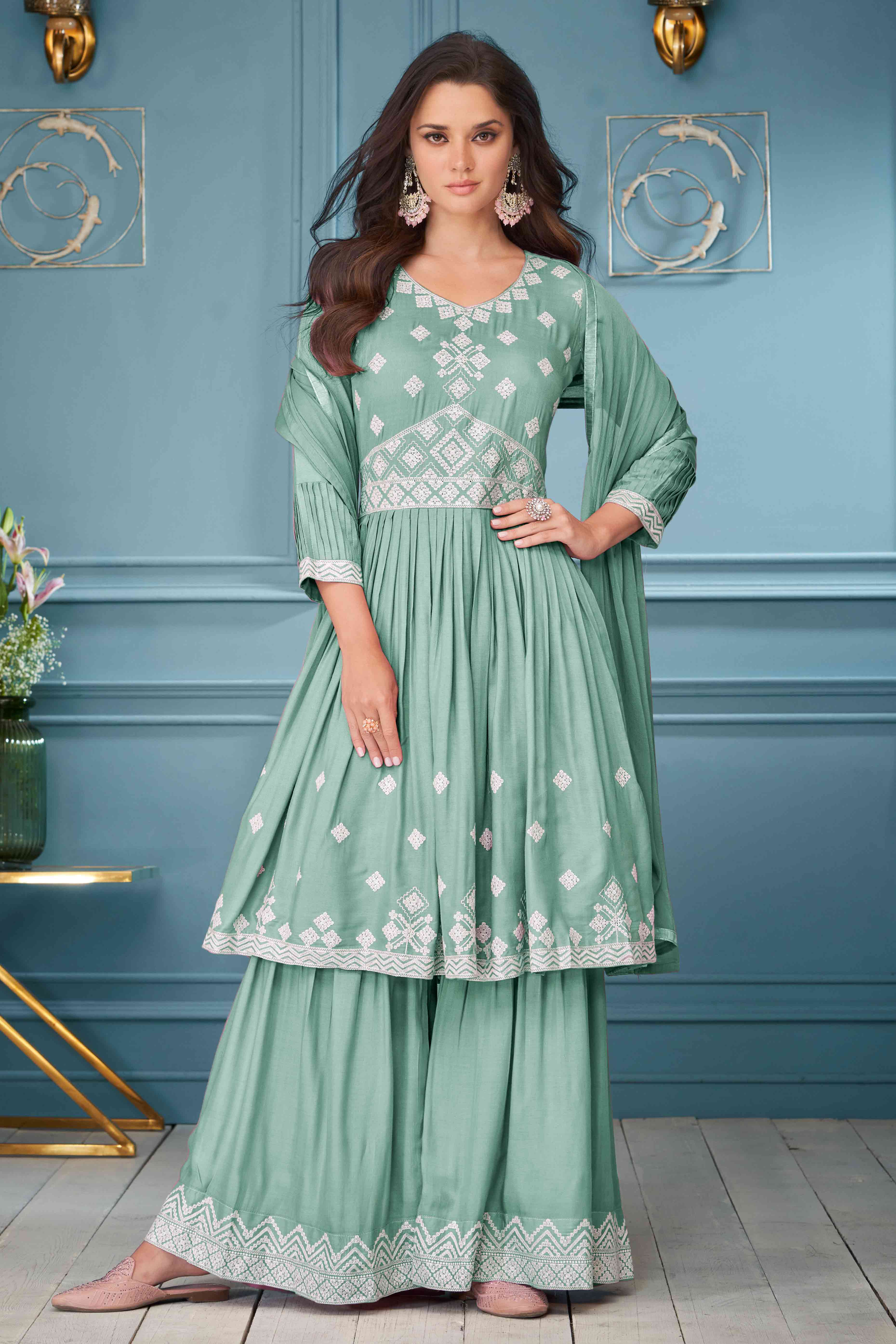 Sea Green Floral Embroidered Rayon Palazzo Suit