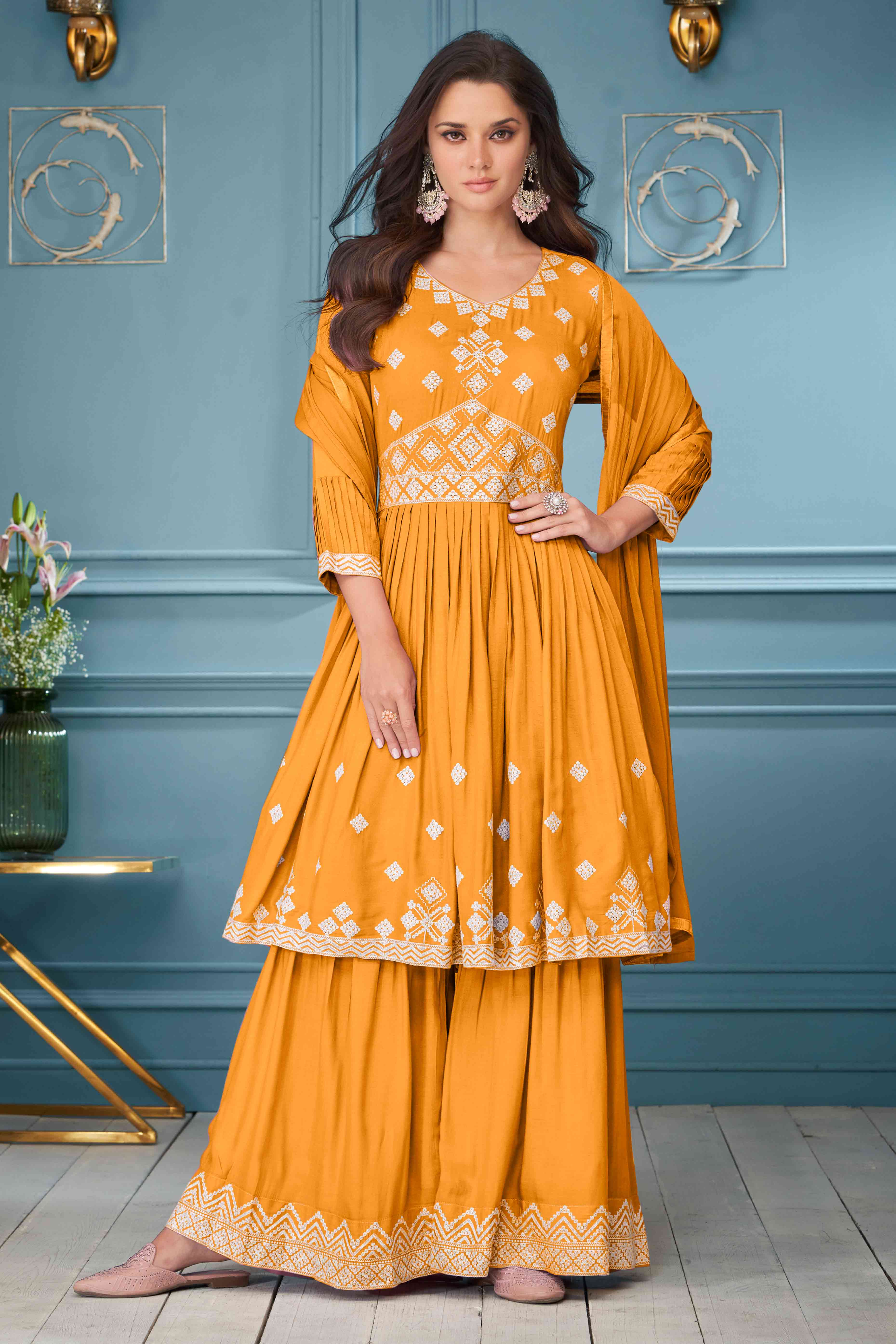 Orange Floral Embroidered Rayon Palazzo Suit