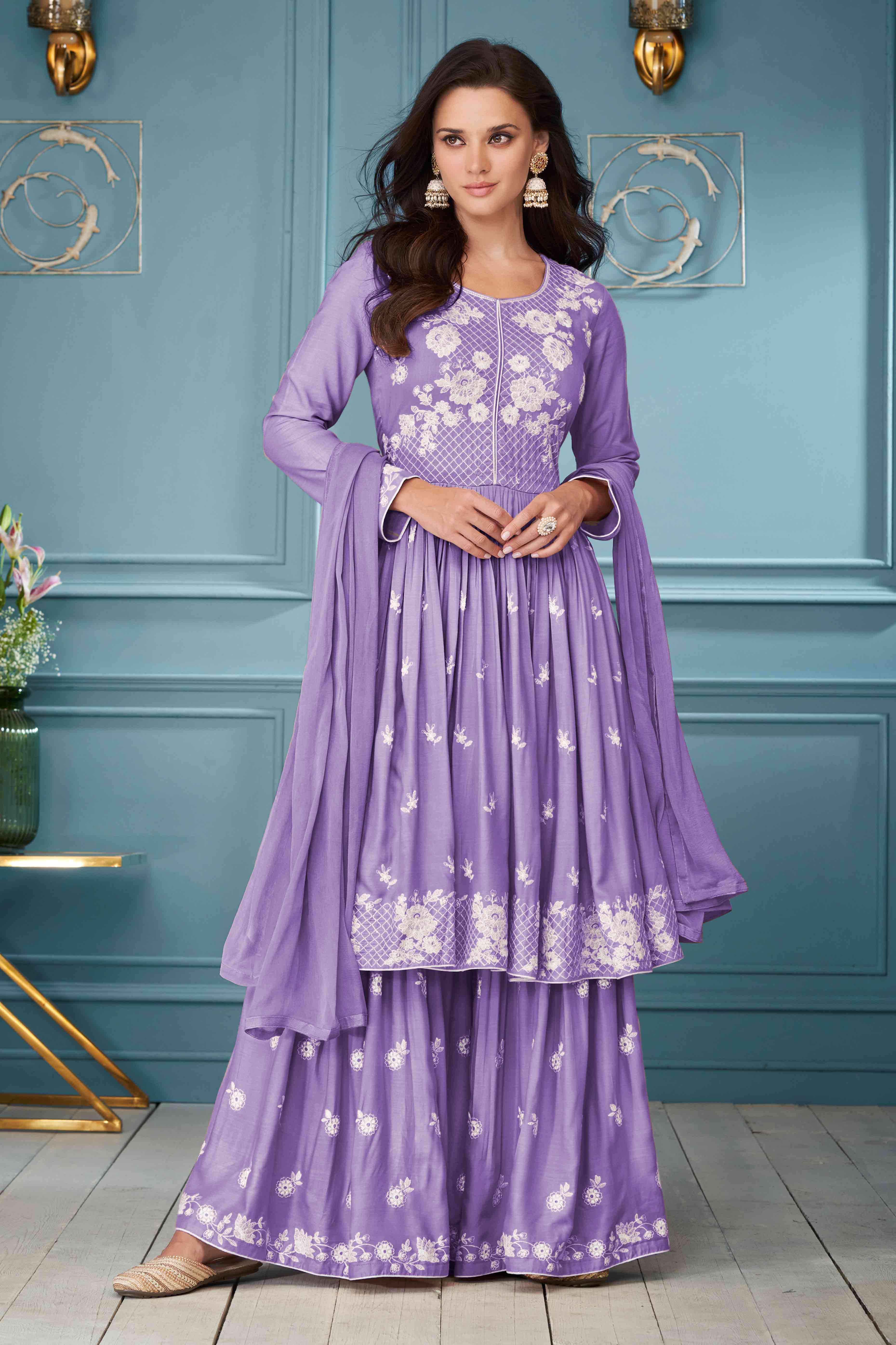 Lavender Lucknowi Embroidered Rayon Palazzo Suit