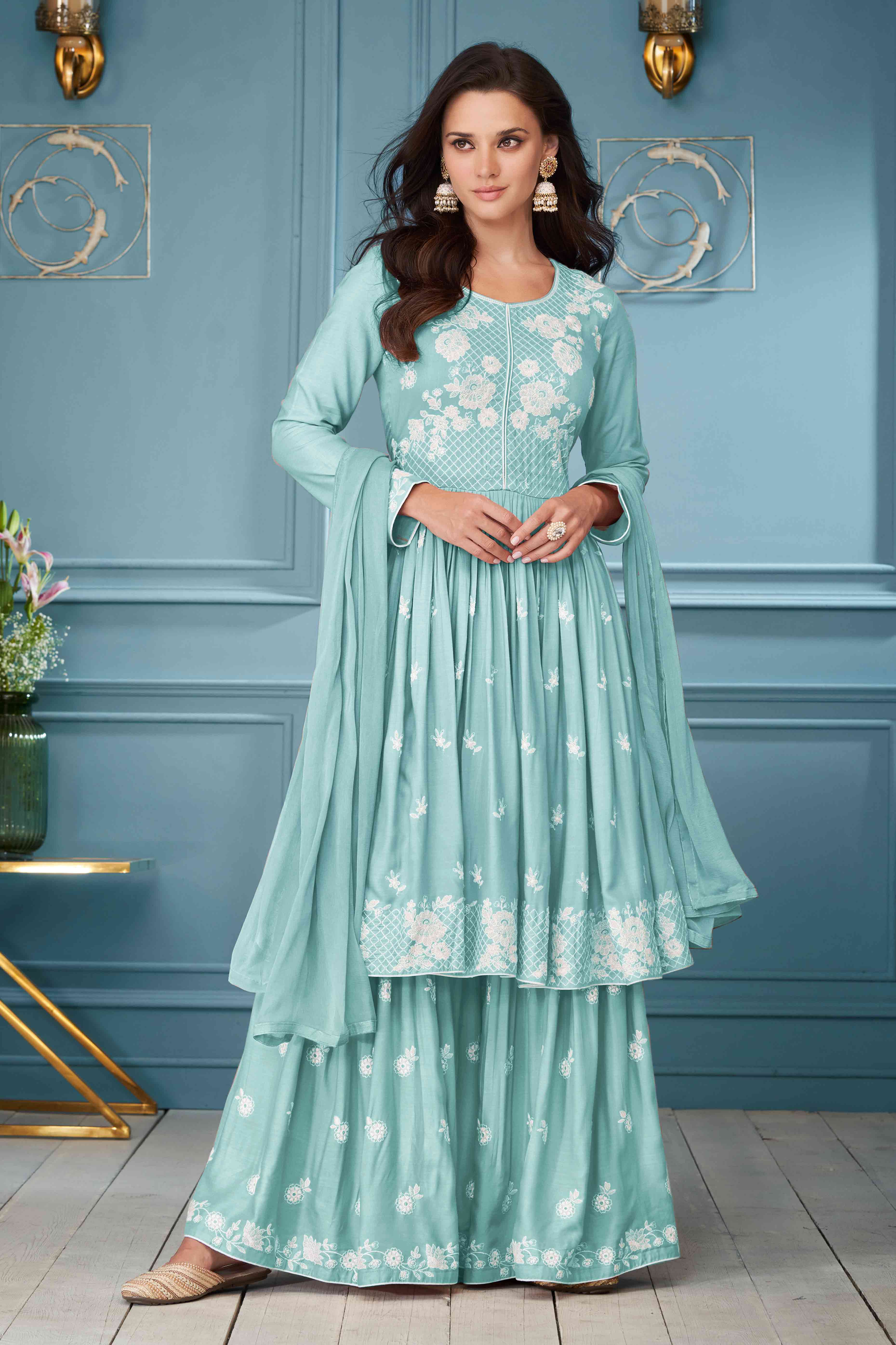 Turquoise Lucknowi Embroidered Rayon Palazzo Suit