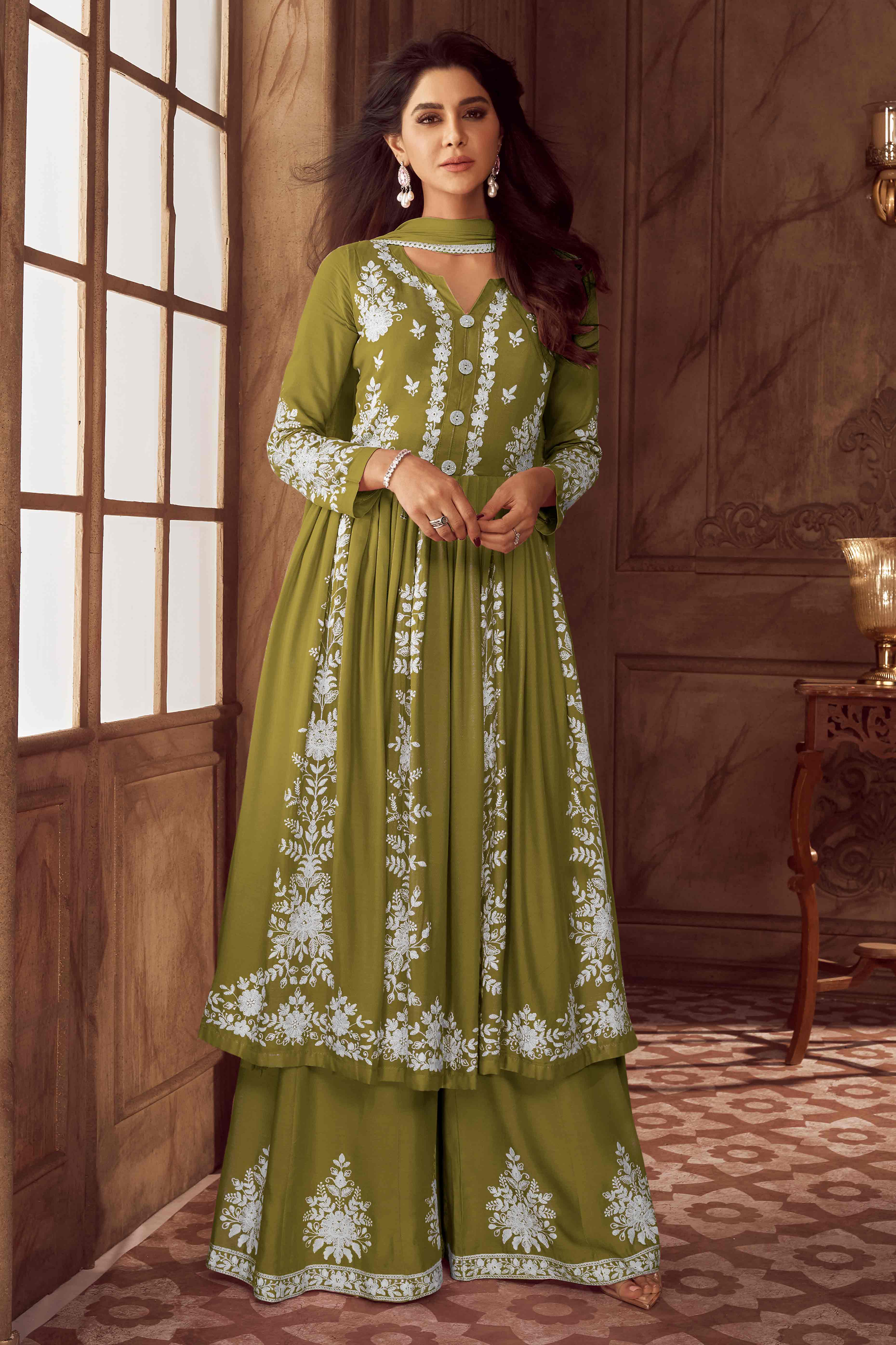 Green Lucknowi Embroidered Rayon Palazzo Suit
