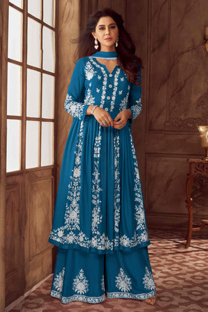 Blue Lucknowi Embroidered Rayon Palazzo Suit