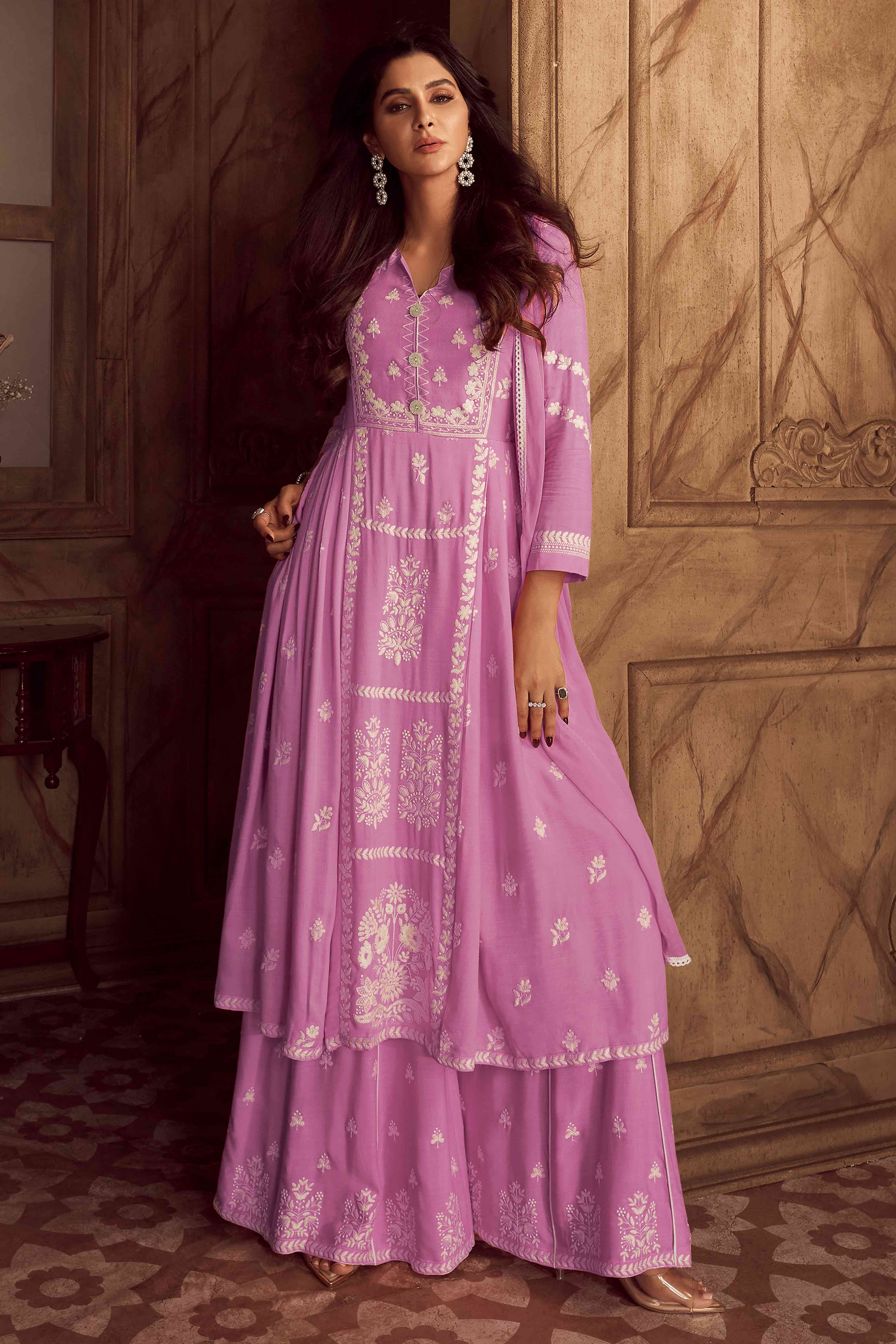 Baby Pink Lucknowi Embroidered Rayon Palazzo Suit