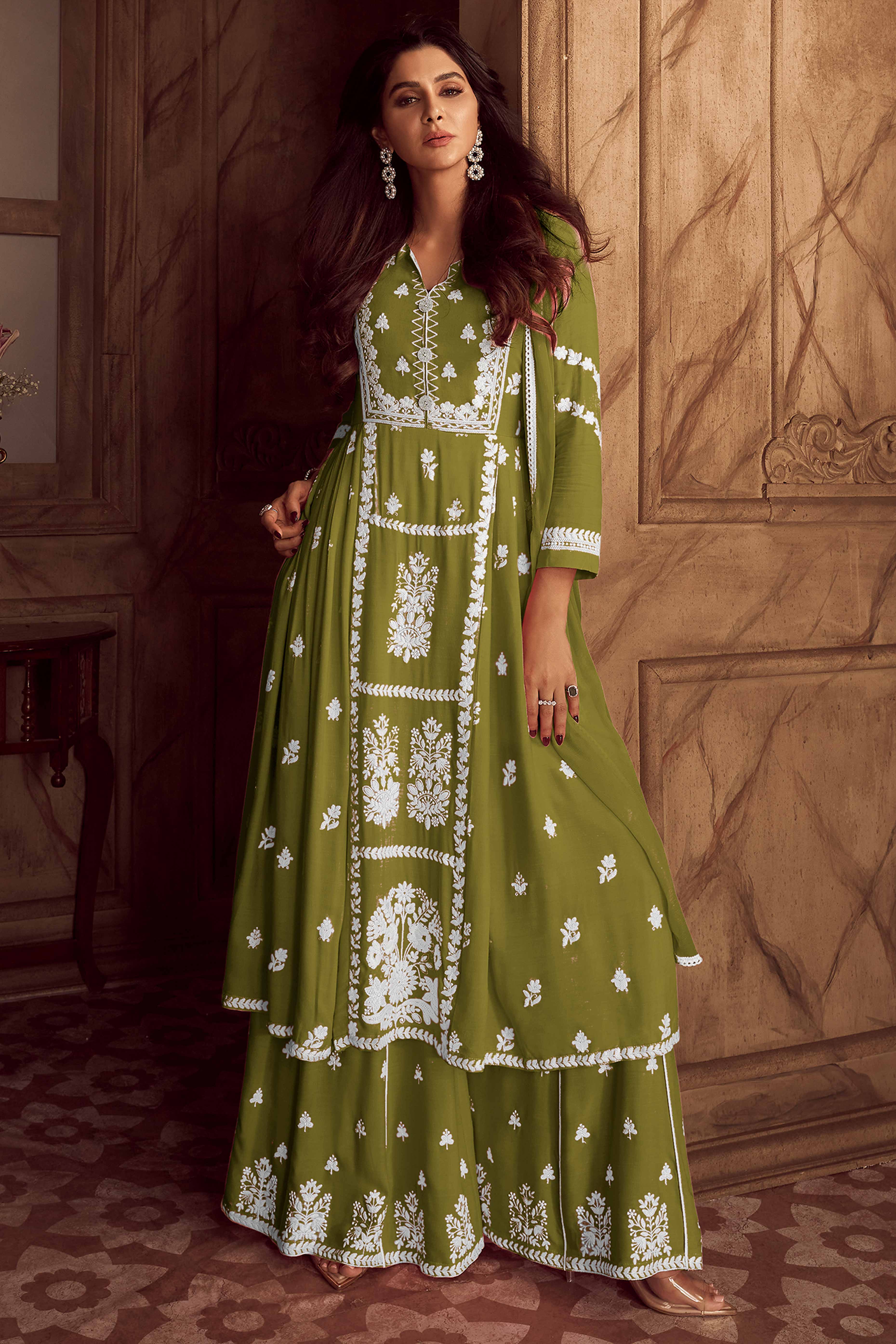 Elegant Green Lucknowi Embroidered Rayon Suit with Palazzo