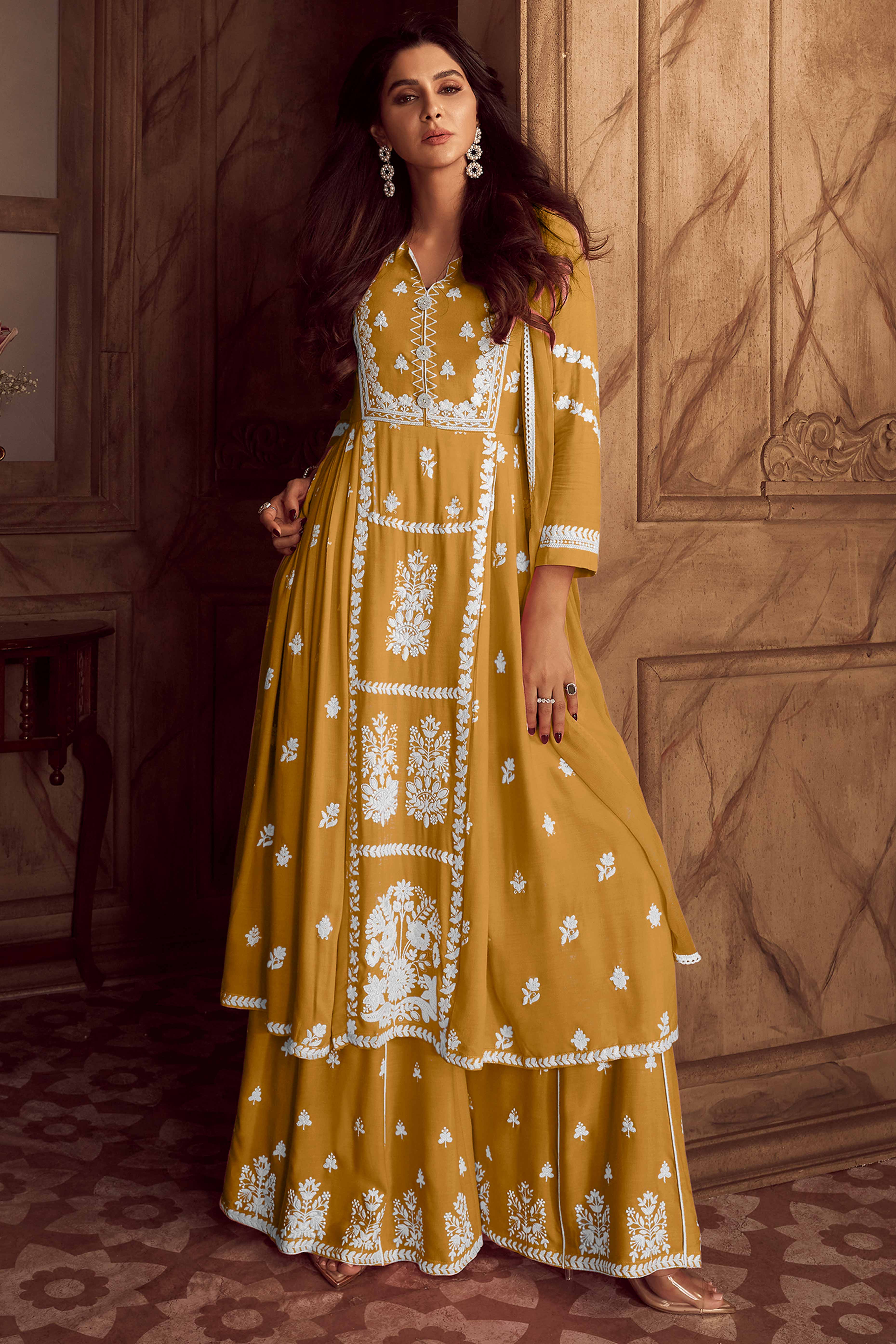 Elegant Mustard Lucknowi Embroidered Rayon Suit with Palazzo