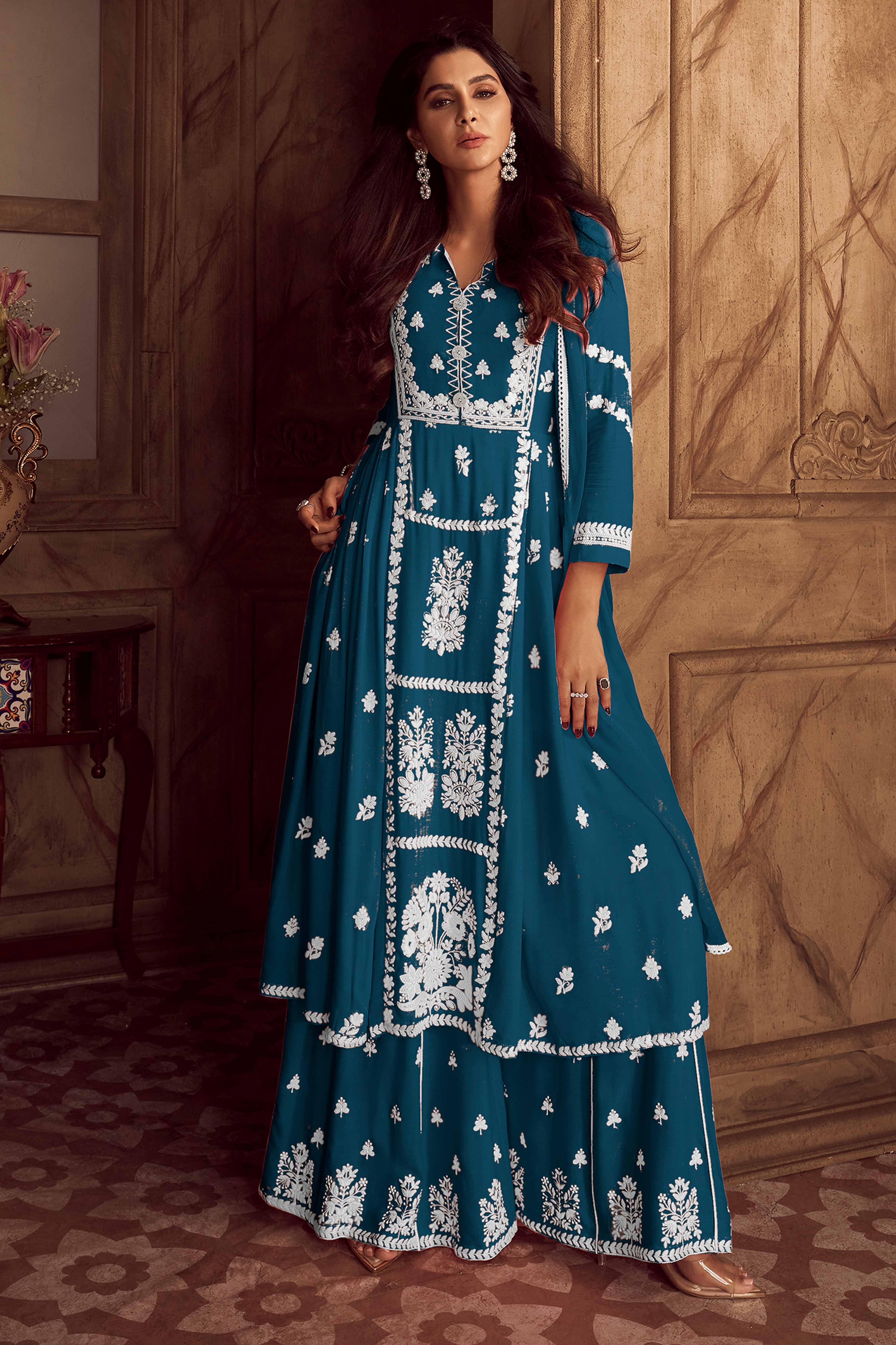 Elegant Teal Lucknowi Embroidered Rayon Suit with Palazzo