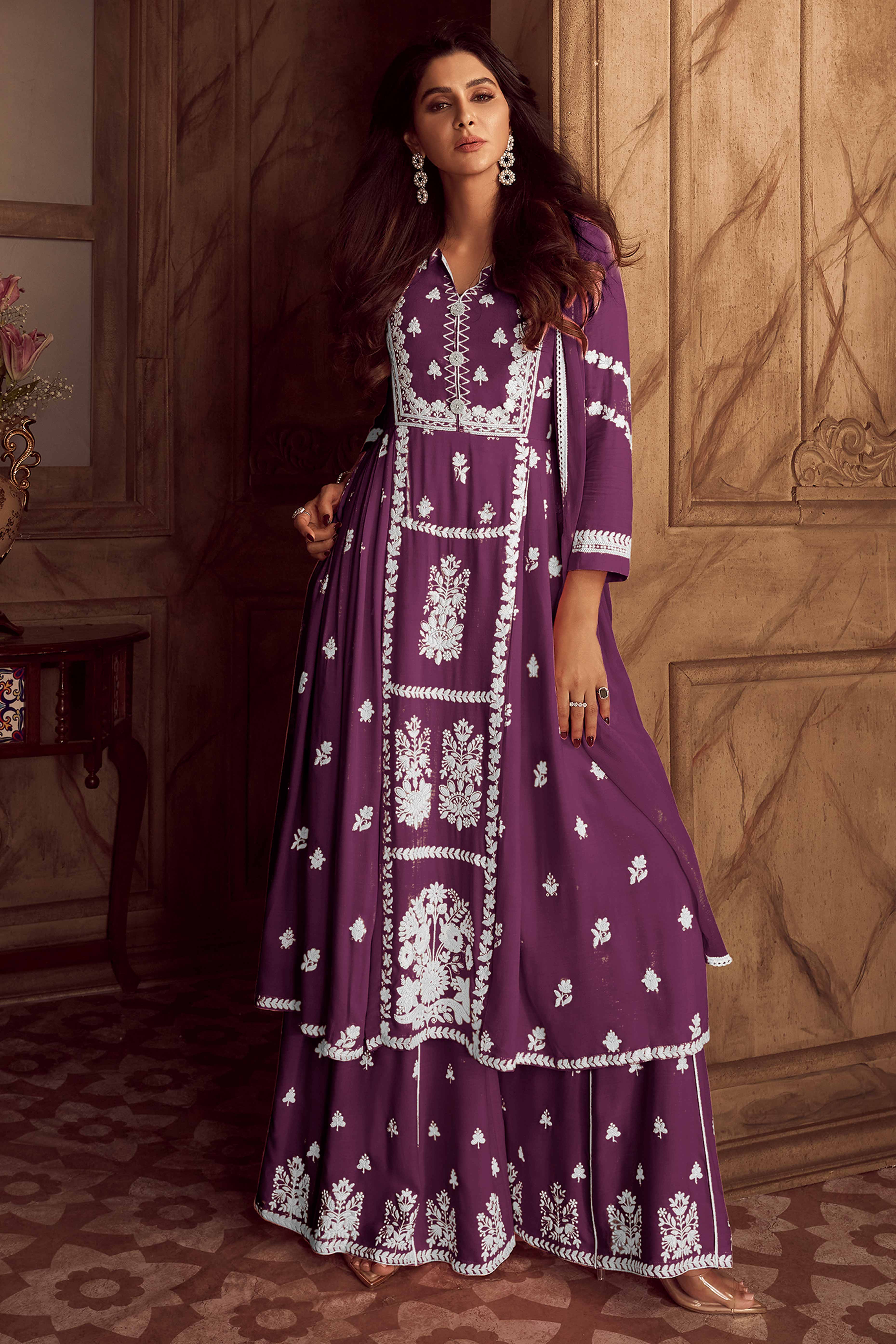 Elegant Purple Lucknowi Embroidered Rayon Suit with Palazzo