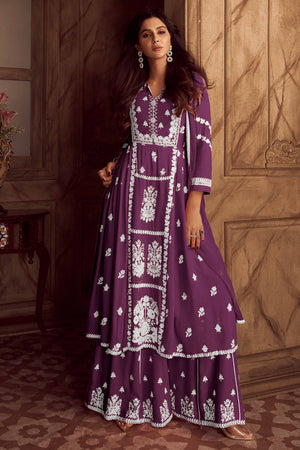 Elegant Purple Lucknowi Embroidered Rayon Suit with Palazzo