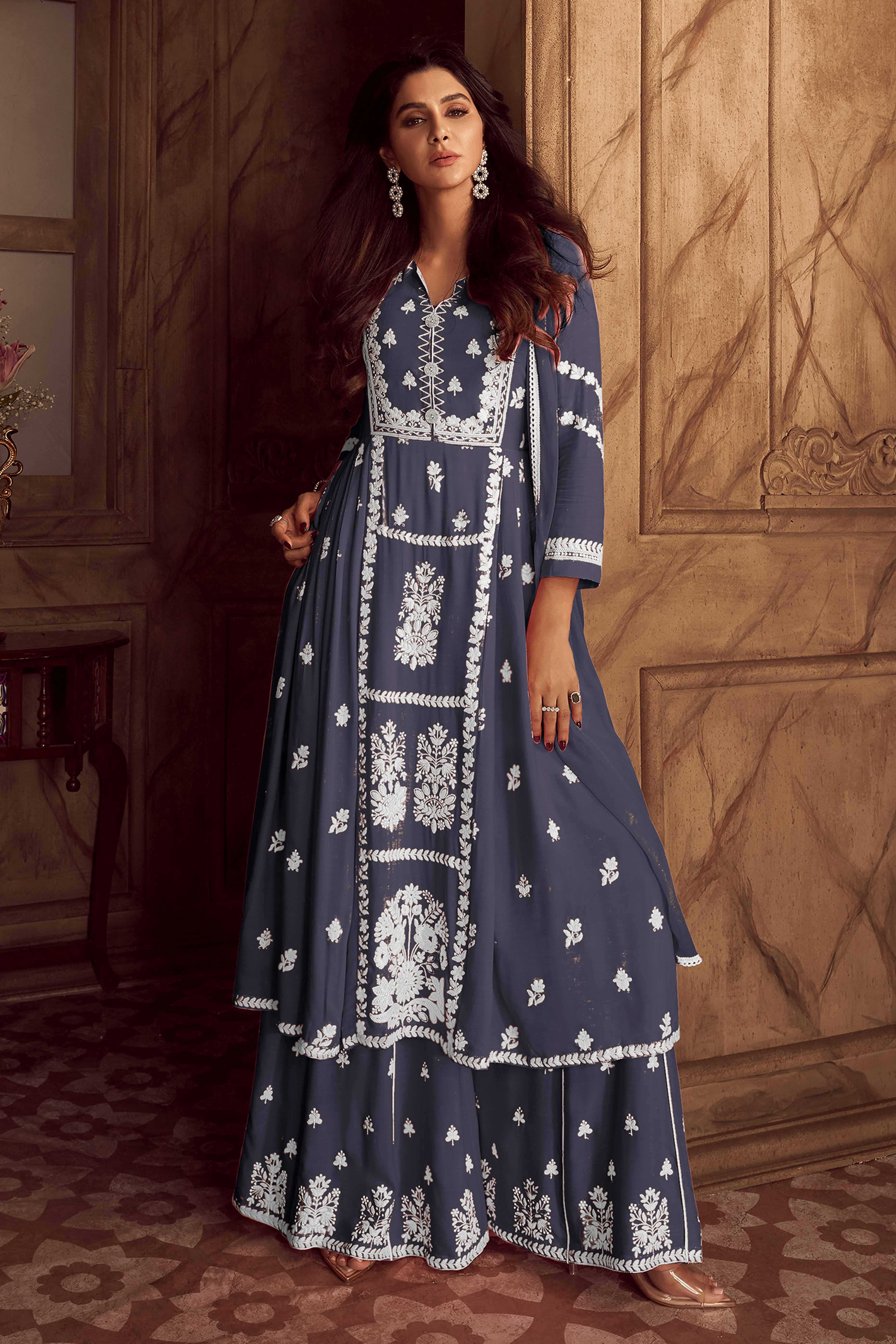 Elegant Grey Lucknowi Embroidered Rayon Suit with Palazzo