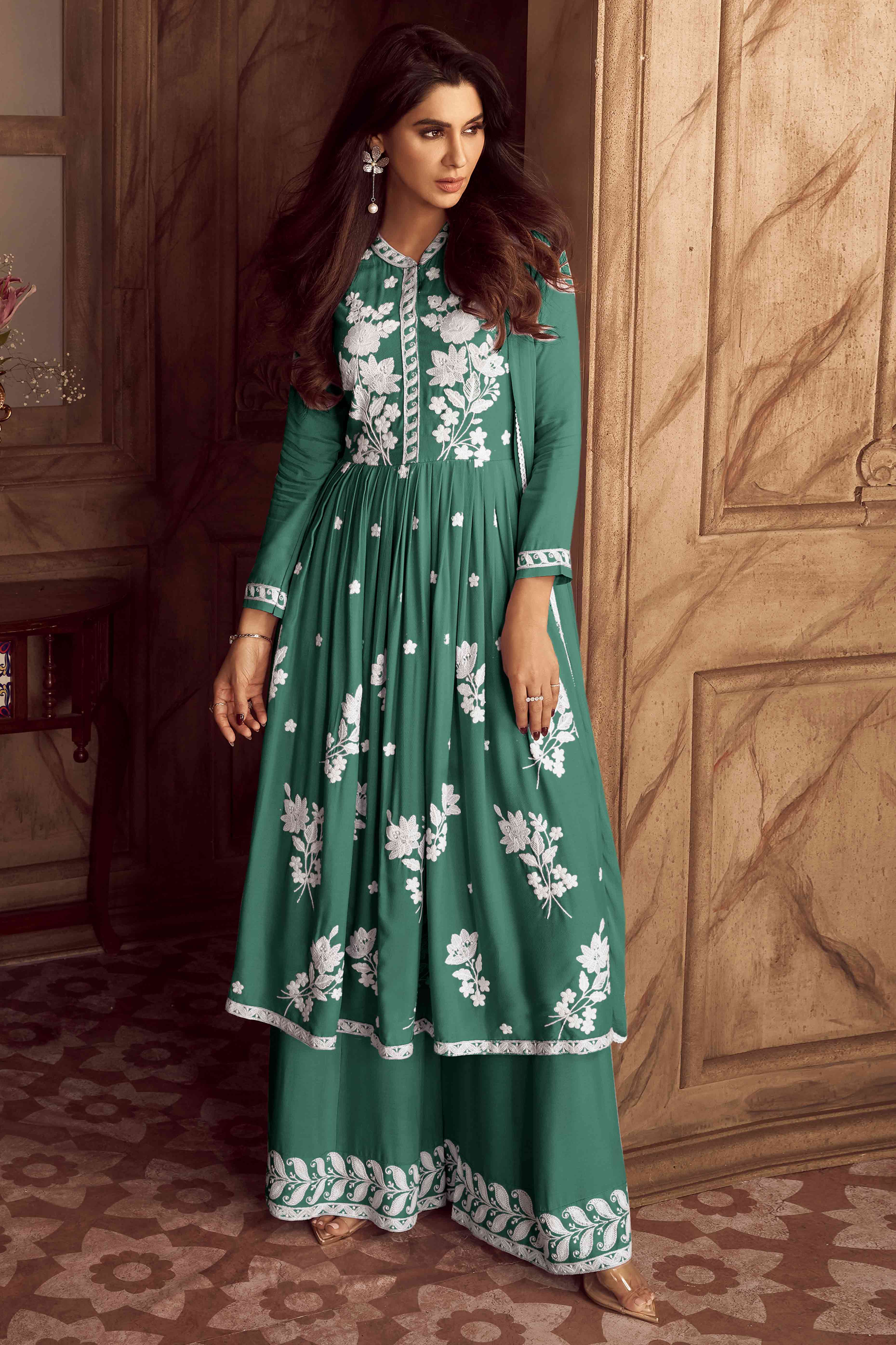 Mineral Green Lucknowi Embroidered Rayon Palazzo Suit