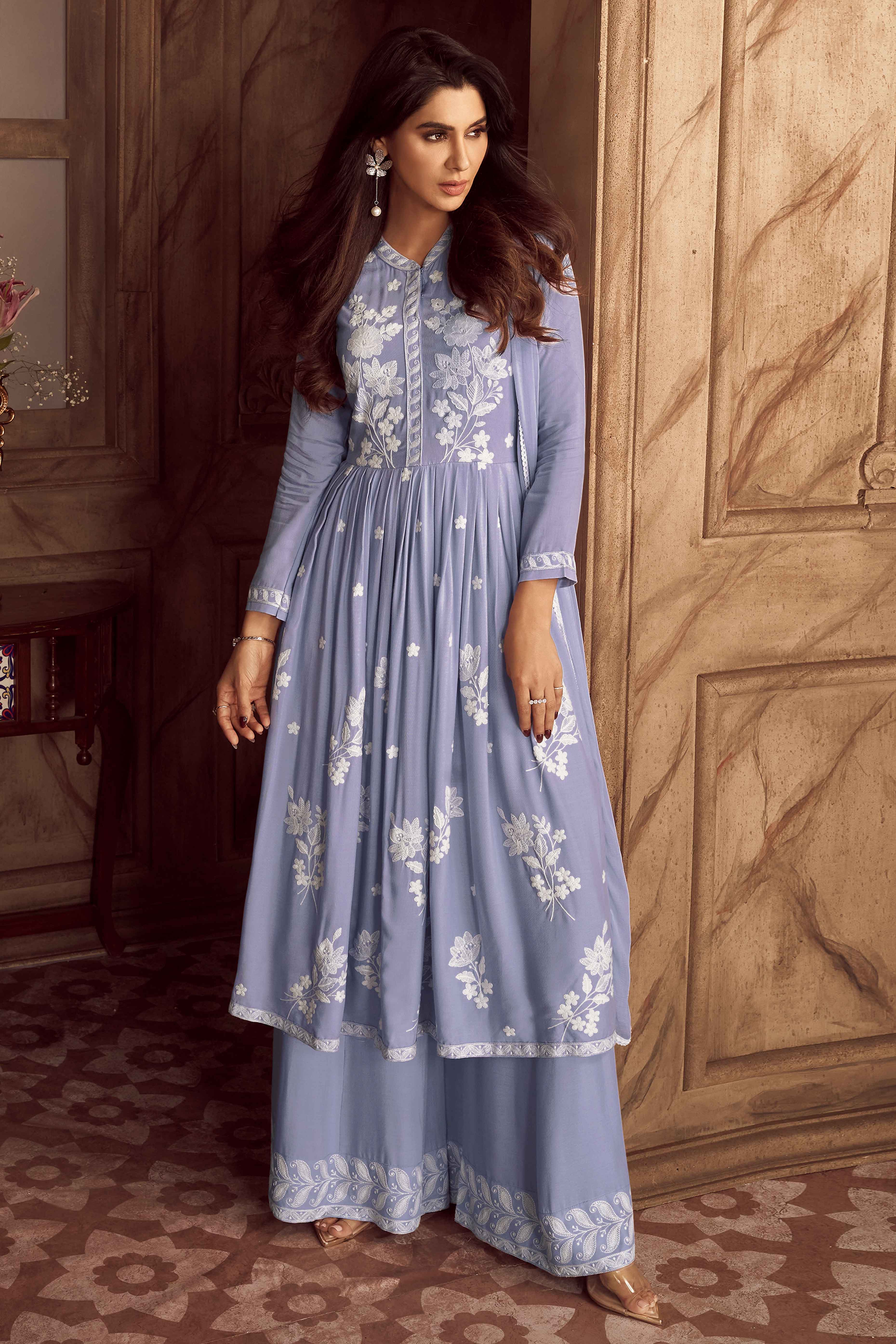 Pastel Blue Lucknowi Embroidered Rayon Palazzo Suit