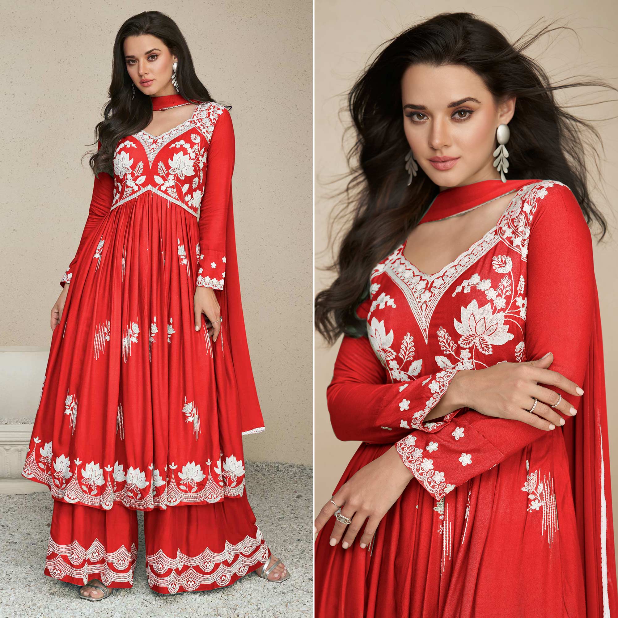 Red Lucknowi Embroidered Rayon Palazzo Suit