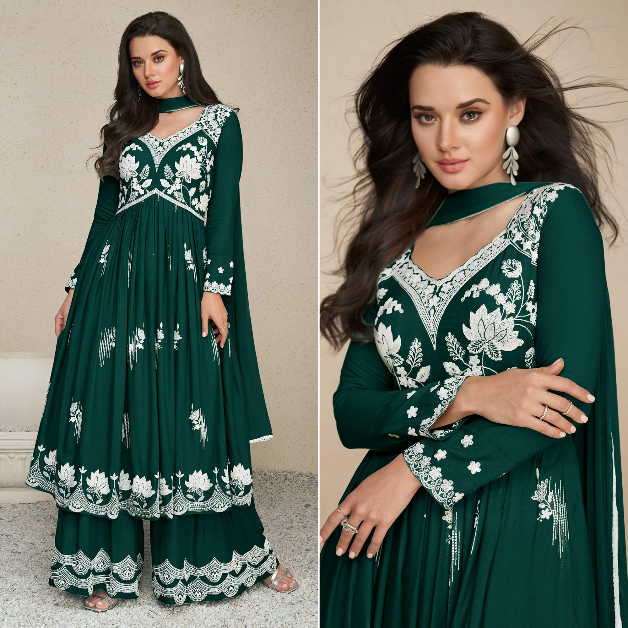 Green Lucknowi Embroidered Rayon Palazzo Suit