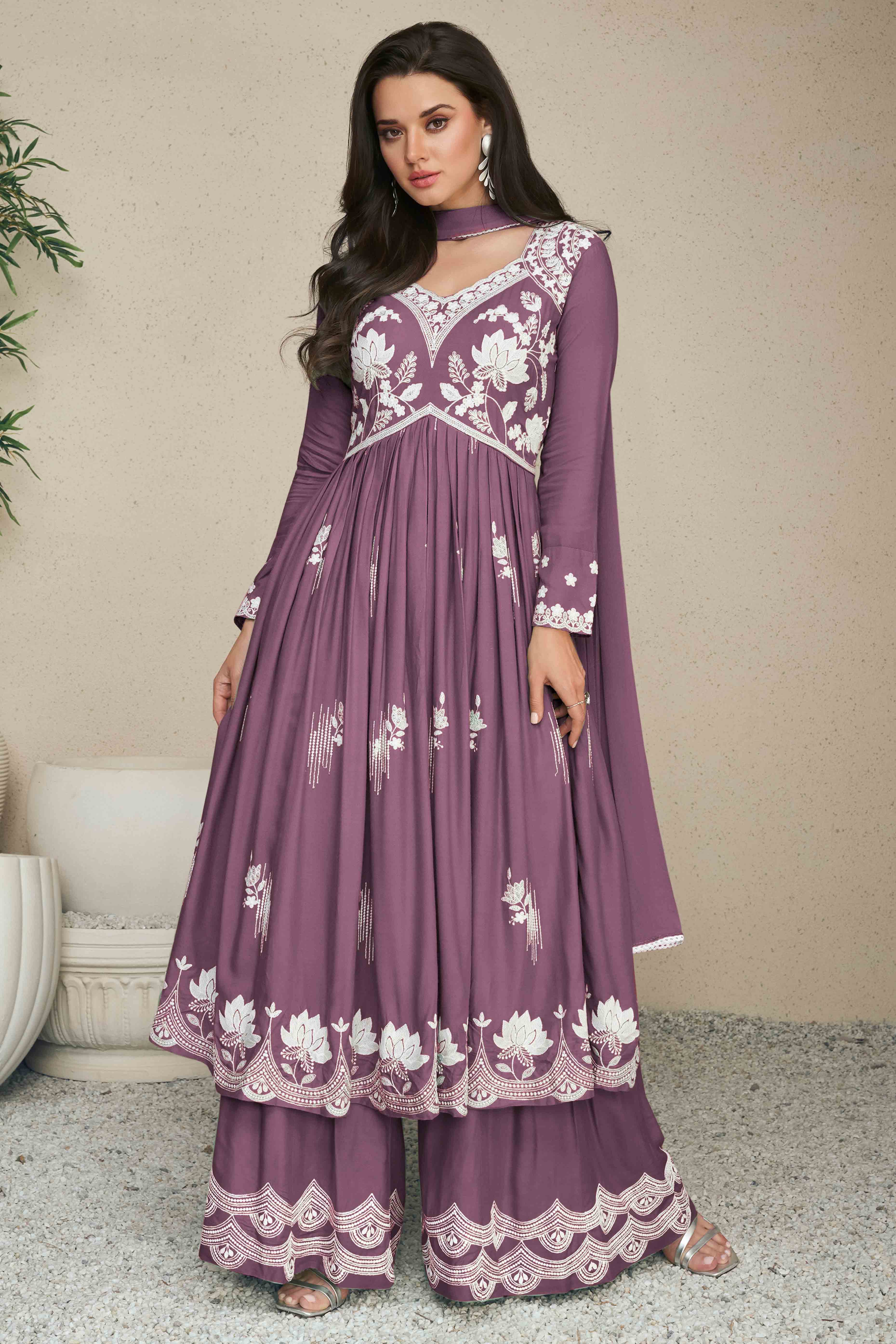 Designer Rayon Palazzo Suit in Mauve with Lucknowi Embellishments