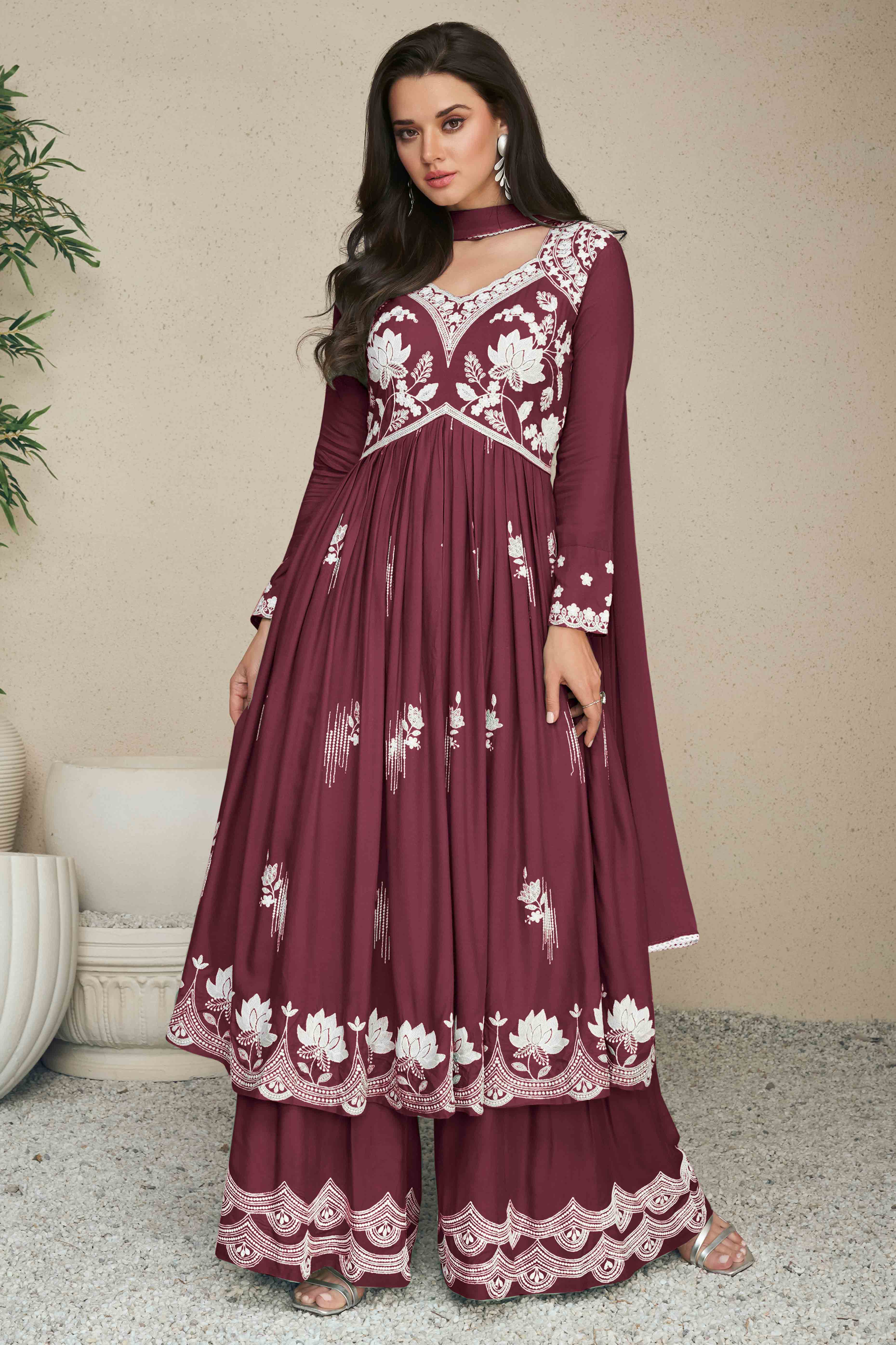 Designer Rayon Palazzo Suit in Burgundy with Lucknowi Embellishments