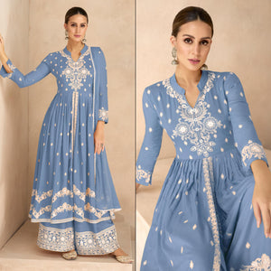 Blue Floral Embroidered Rayon Palazzo Suit
