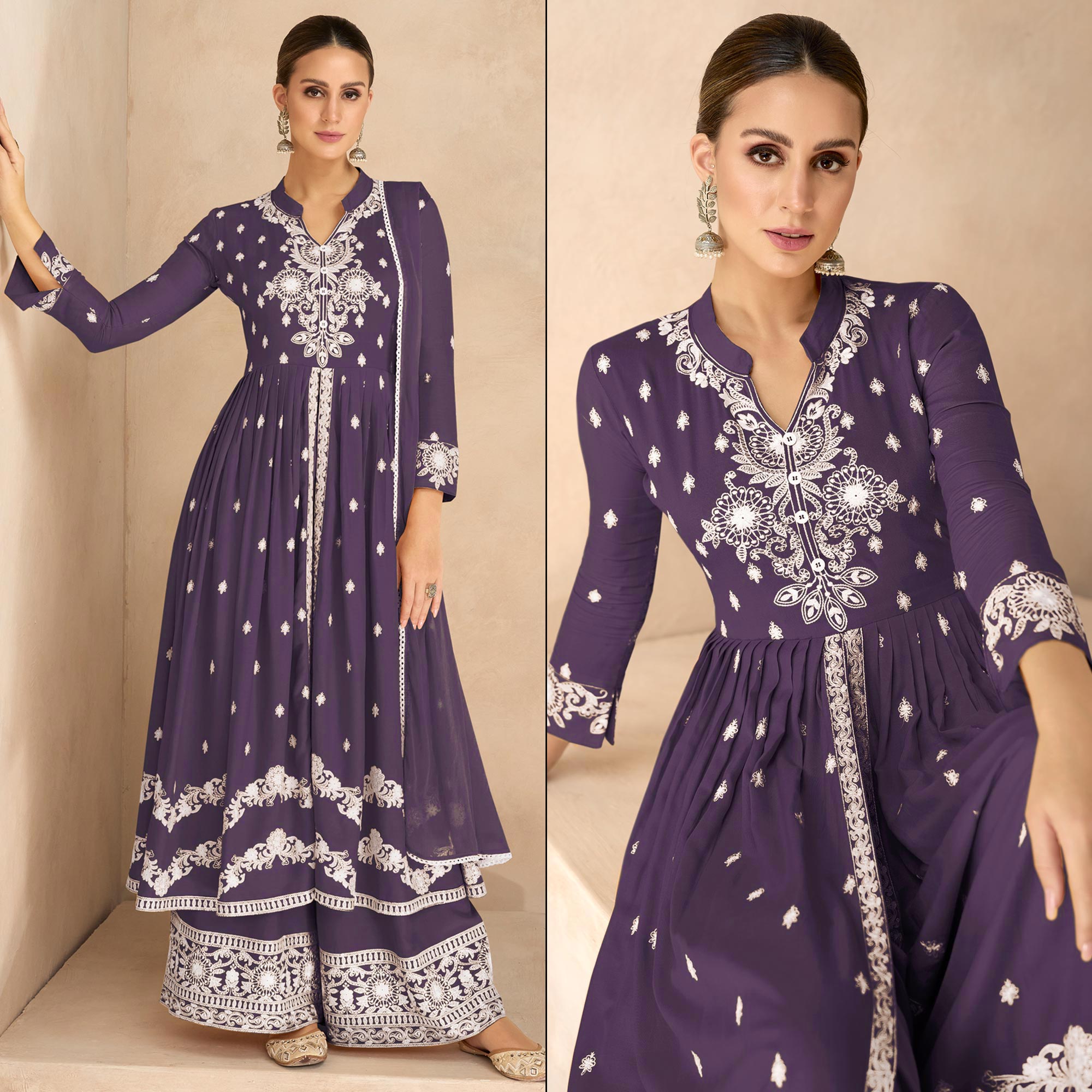 Purple Floral Embroidered Rayon Palazzo Suit