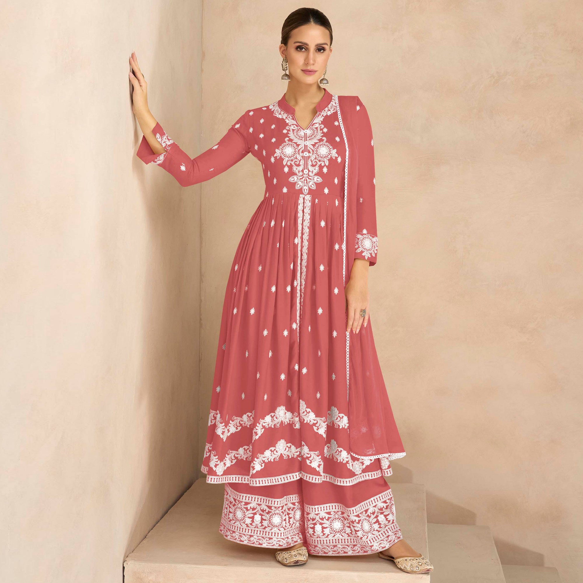 Peach Floral Embroidered Rayon Palazzo Suit