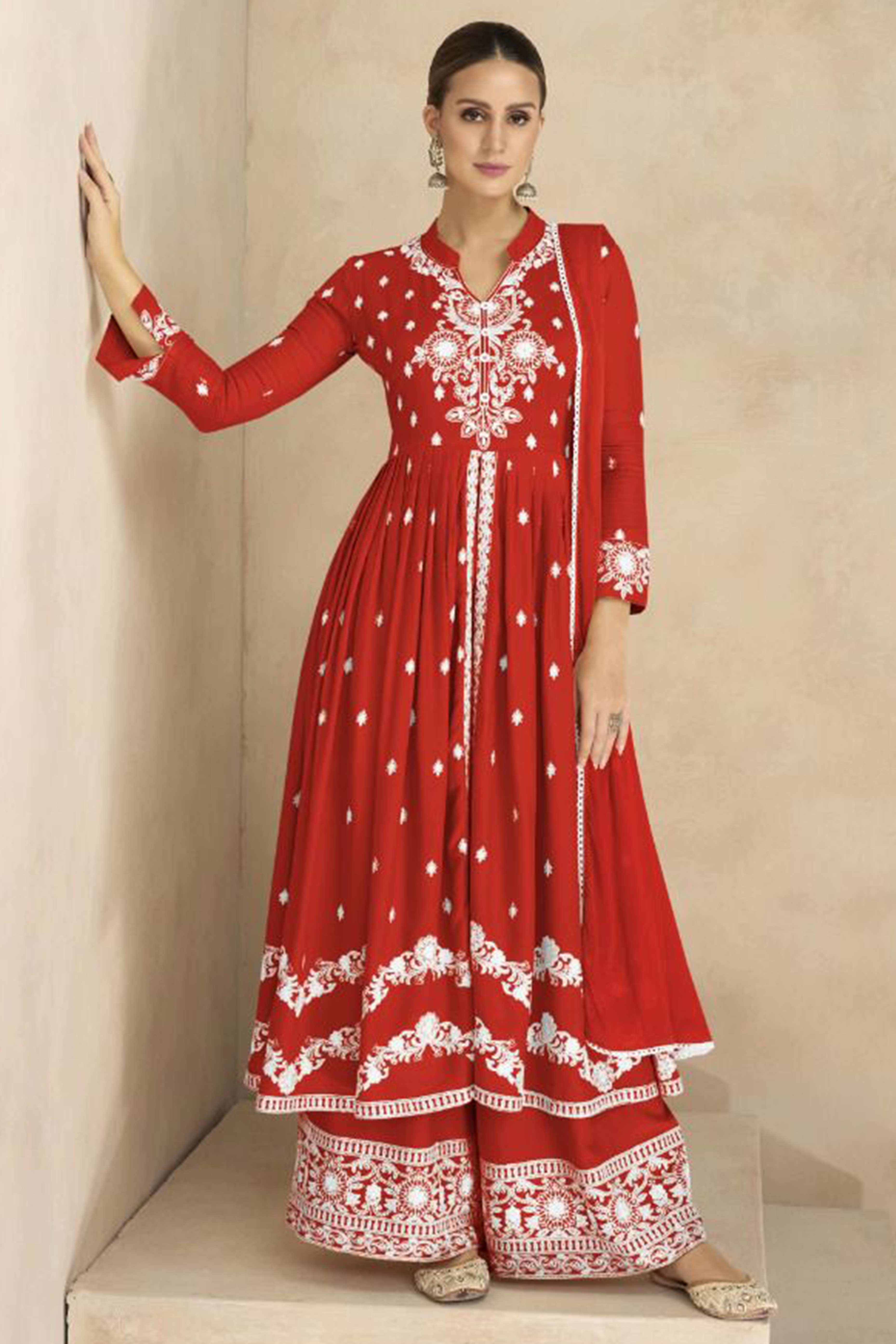 Red Floral Embroidered Rayon Palazzo Suit